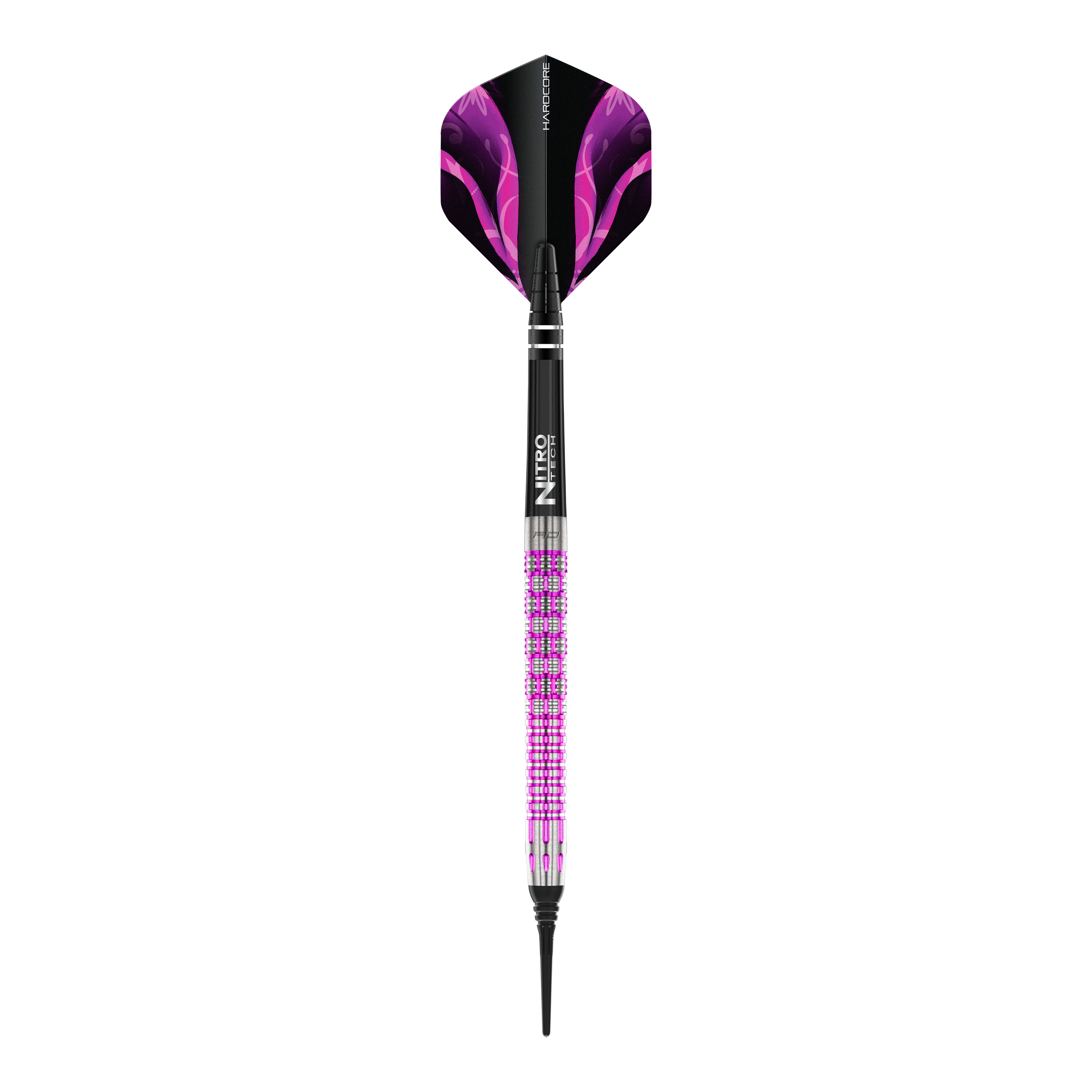 Freccette morbide Red Dragon Tyrian - 22 g Auf dem Bild ist der Red Dragon Tyrian Softdart mit einem Gewicht von 22g zu sehen. Der Dart hat ein auffälliges Design mit lila und pinken Akzenten.