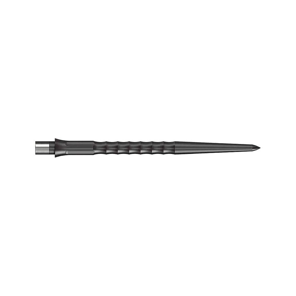 Das Bild zeigt eine schwarze Steeldartspitze mit Ripple NoLip Design, 36 mm lang. Die Spitze gehört zum Caliburn Evo System.