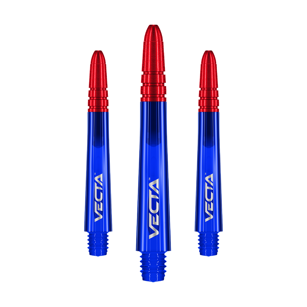 Alberi Winmau Vecta - Blu Rosso Auf dem Bild sind drei Dartschäfte in leuchtendem Blau mit roten Spitzen zu sehen. Auf jedem Schaft steht das Wort "VECTA" in weißer Schrift.