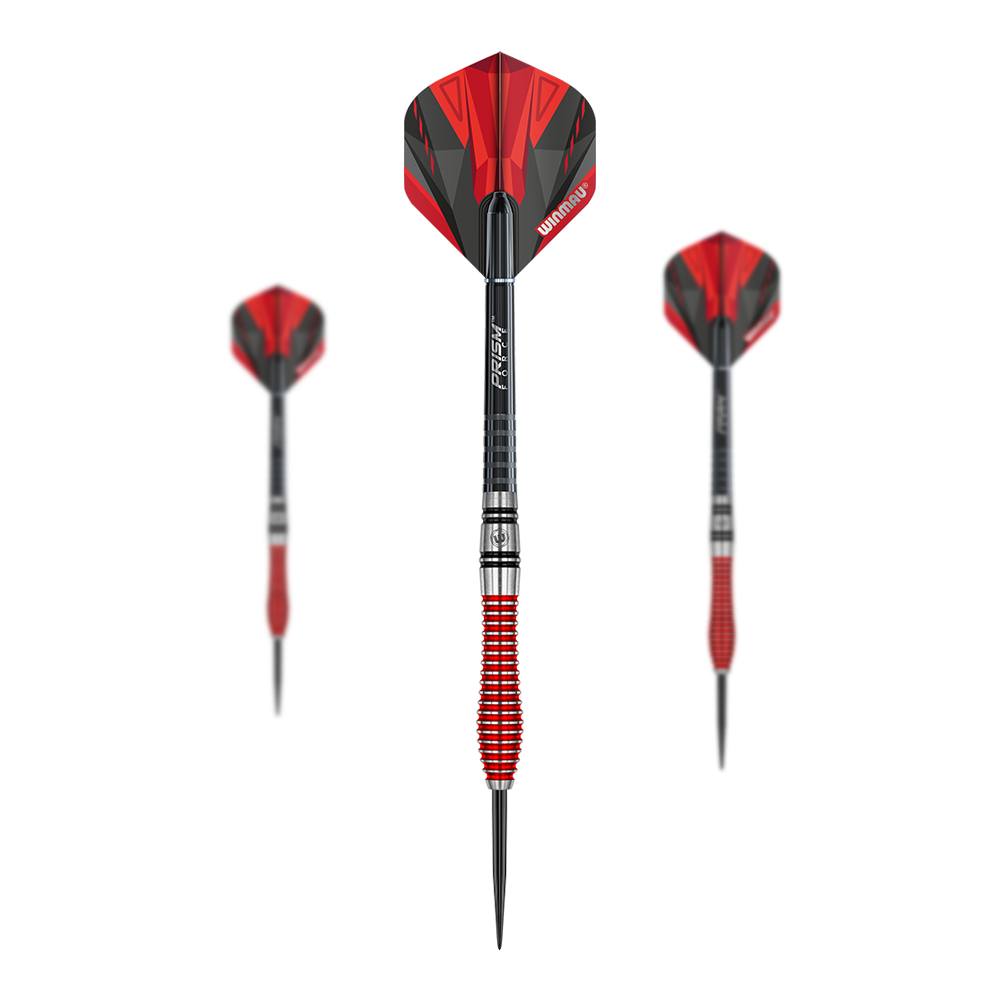 Dardi in acciaio Winmau Dennis Priestley Special Edition Das Bild zeigt drei Winmau Dennis Priestley Special Edition Steeldarts. Die Darts haben ein auffälliges rot-schwarzes Design und besitzen eine griffige, rot-silberne Barrel.