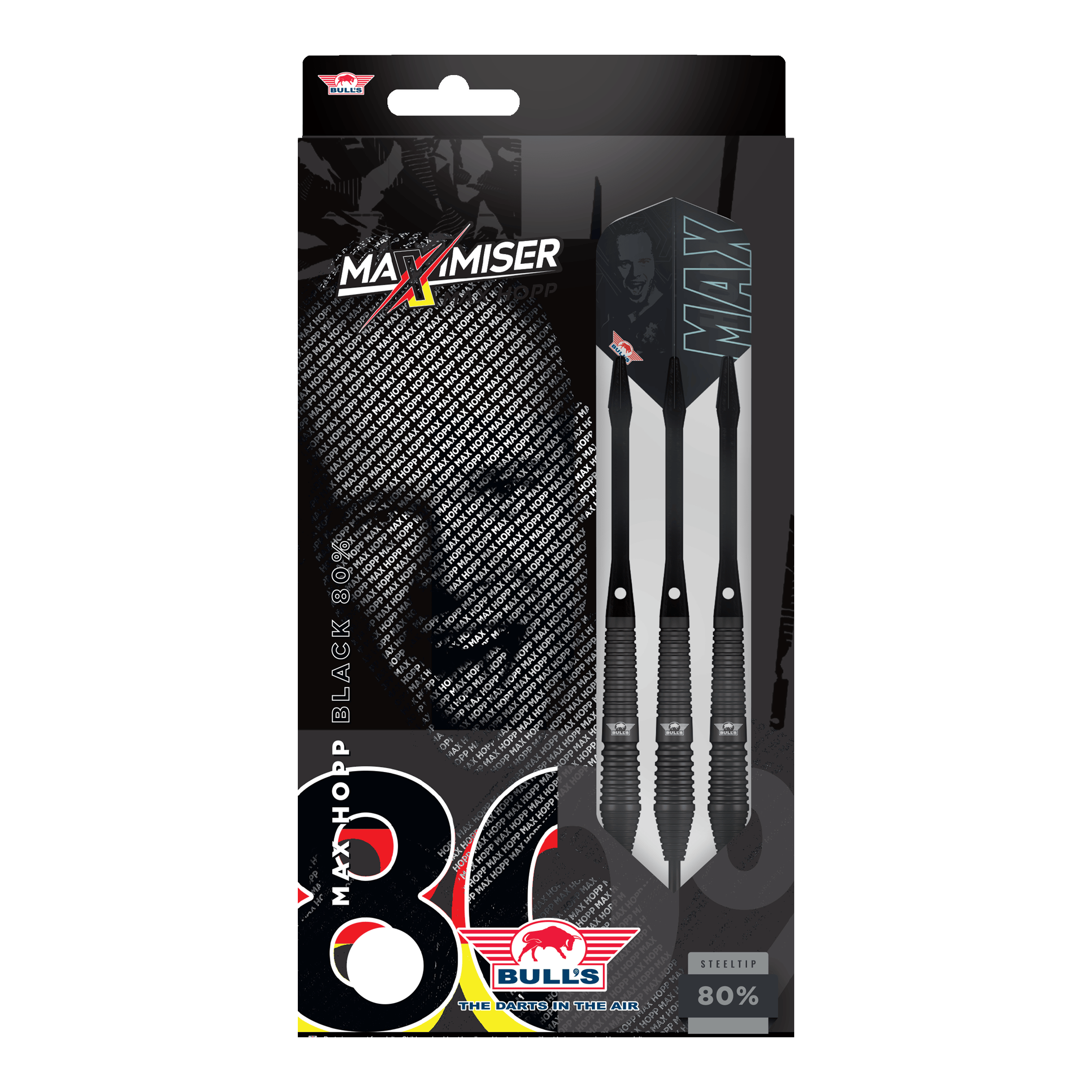 Bulls NL Max Hopp freccette in acciaio nero Auf dem Bild sind Bulls NL Max Hopp Black Steeldarts zu erkennen. Die Darts werden einzeln und detailliert gezeigt.