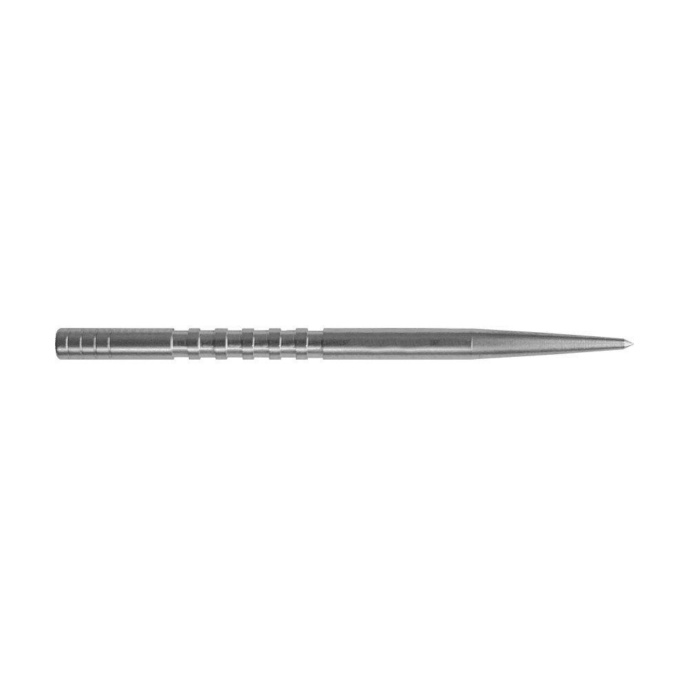 Condor Beak Point con punte di freccia tagliate Das Bild zeigt eine silberne Dartspitze mit feinen Rillen am hinteren Ende. Die Spitze ist lang und schmal geformt.