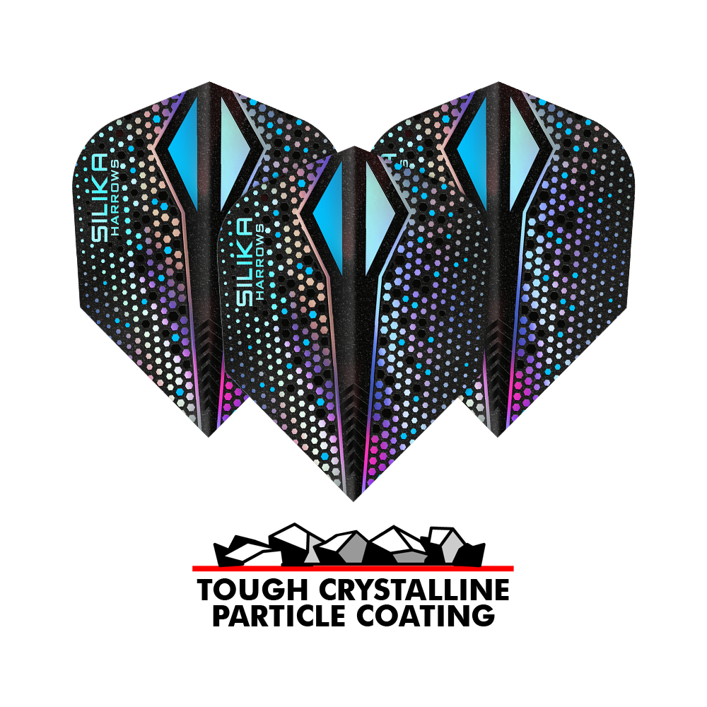 Harrows Silika Colourshift Rivestimento cristallino resistente Alette Silver-X No6 Das Bild zeigt drei Harrows Silika Colourshift Tough Crystalline Coating Silver-X No6 Flights. Unten im Bild steht "TOUGH CRYSTALLINE PARTICLE COATING" mit einer Grafik von Kristallen.