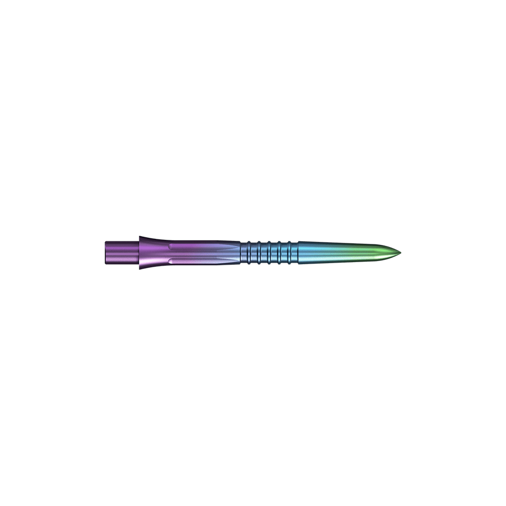 Punte per freccette Mission Caliburn EVO GV1 - Arcobaleno Eine bunte Steeldartspitze mit Rainbow-Finish wird dargestellt. Die Spitze ist schlank und schimmert in mehreren Farben.
