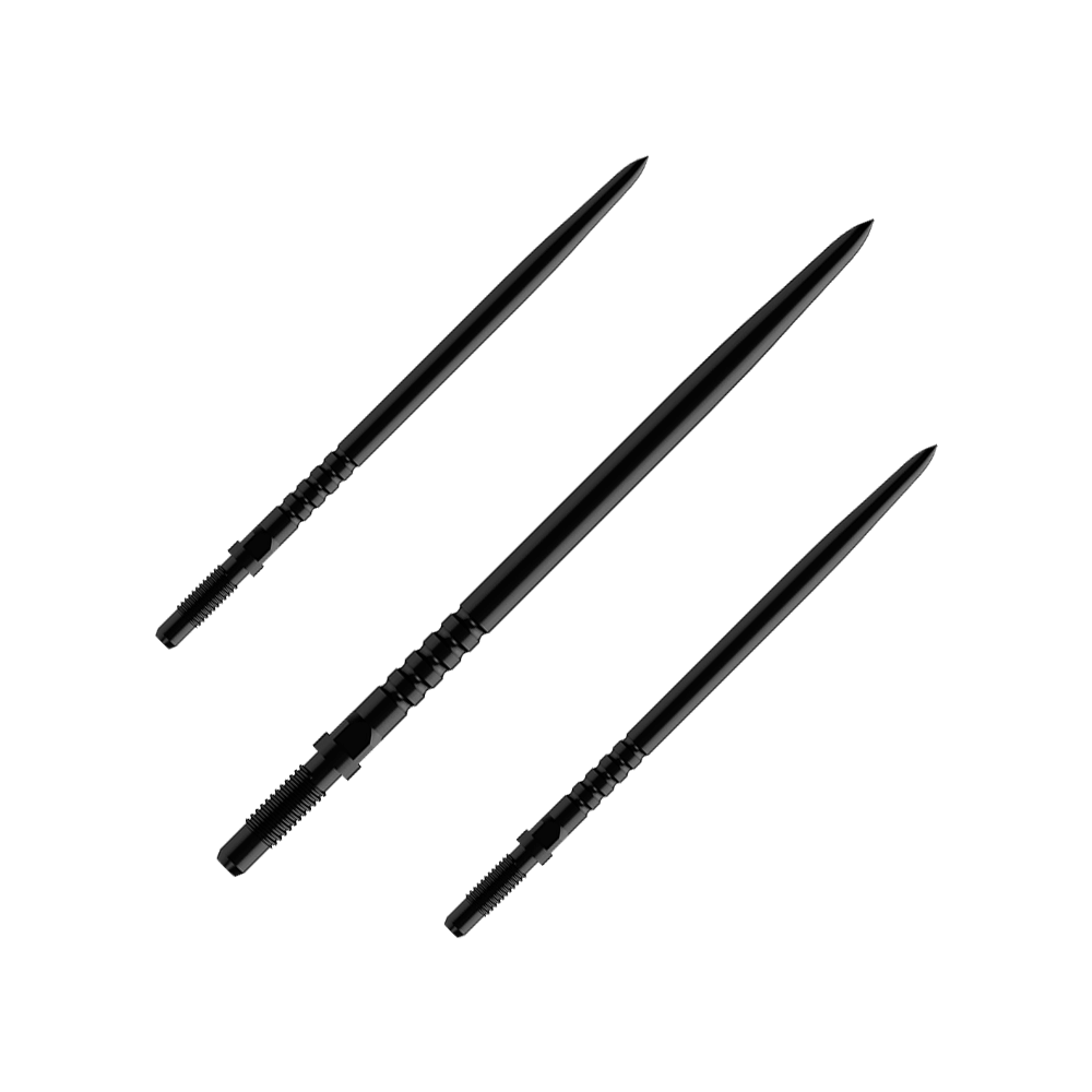 Punte per freccette Bulls NL Convertible Point - Impugnatura ad anelli - Nere Auf dem Bild sind mehrere Dartspitzen zu sehen. Es handelt sich um ein Set BullsNL Convertible Points mit Ringed Grip in Schwarz und 40mm Länge.