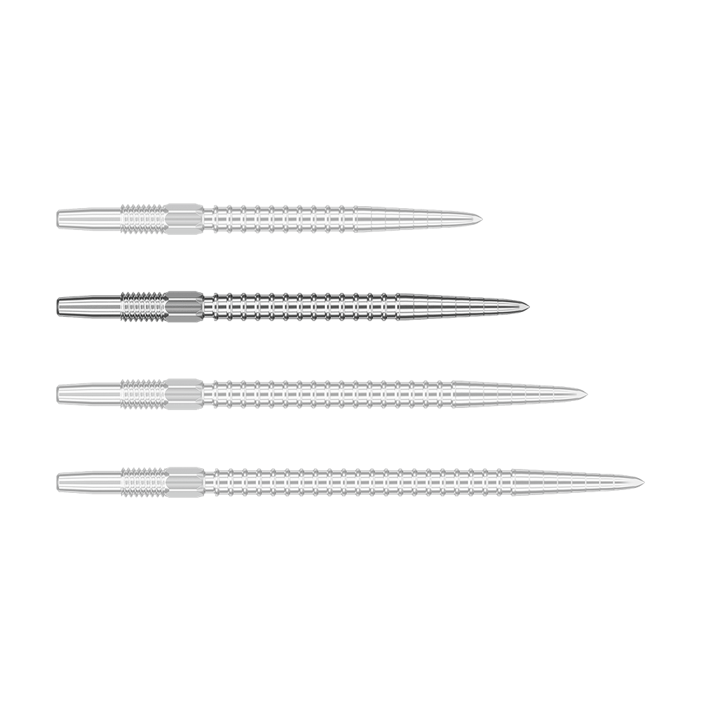 Punte per freccette Target Swiss Point Chrono - Argento Das Bild zeigt vier silberne Dartspitzen in einer Reihe. Die Spitzen sind aus Metall und haben ein geriffeltes Muster.