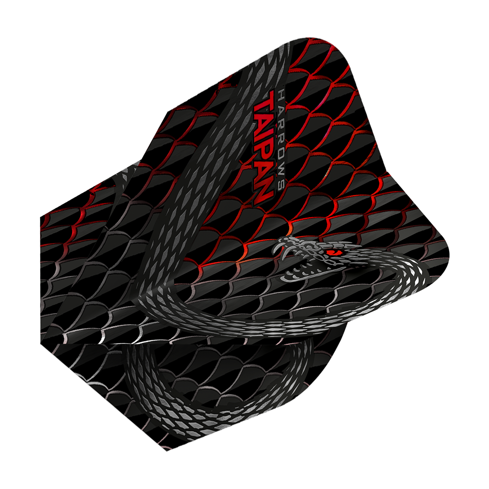 HR27_Harrows_Taipan_Rot_Standard_Flights_2 Das Bild zeigt die Harrows Taipan Standard Flights mit einem schwarzen, roten und silbernen Schuppendesign. Ein Schlangenmotiv und der Schriftzug „HARROWS TAIPAN“ sind ebenfalls zu sehen.