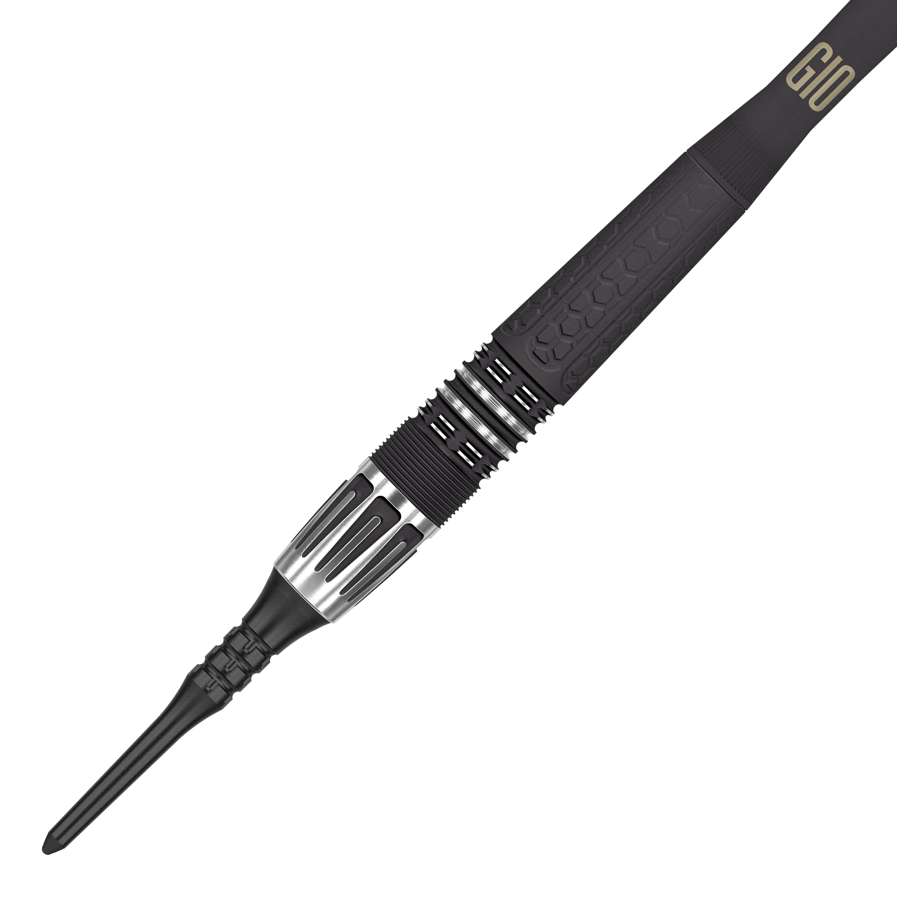 Freccette morbide Target Phil Taylor Power 9Five GEN10 Das Bild zeigt einen modernen Softdartpfeil mit schwarzem und silbernem Design. Auf dem Griffstück steht die Aufschrift "G10".