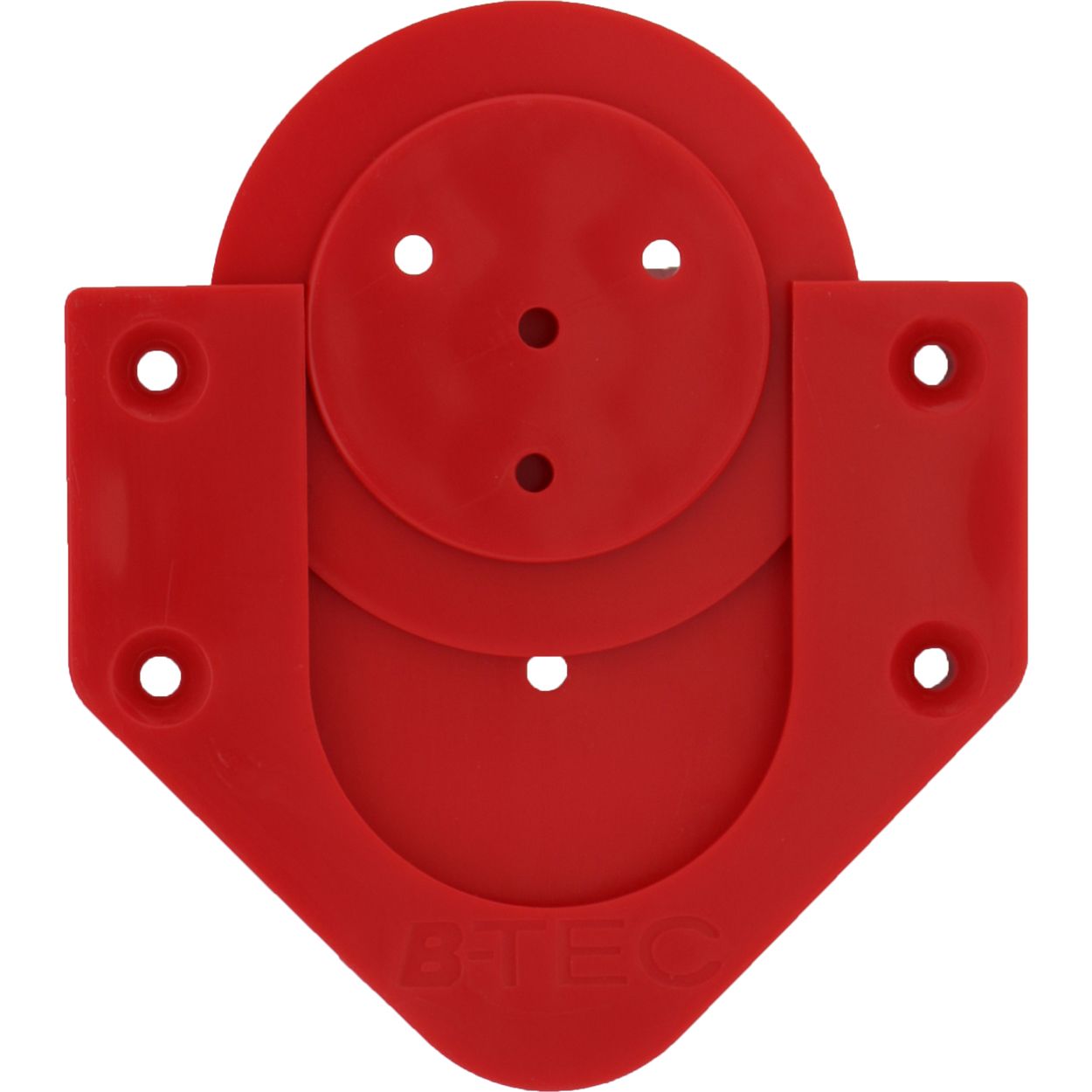 profix_rot Das Bild zeigt eine rote Boardhalterung mit mehreren Befestigungslöchern. Sie besteht aus Kunststoff und hat die Aufschrift "B-TEC".