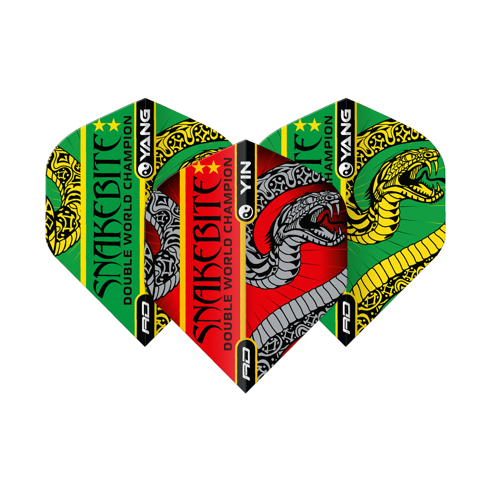 Voli standard Red Dragon Peter Wright Snakebite Red Green Yin Yang Das Bild zeigt drei Dartflights mit bunten Farben und auffälligem Schlangen-Design. Auf den Flights steht "Snakebite Double World Champion" und sie sind in Rot, Grün, Gelb und Schwarz gestaltet.