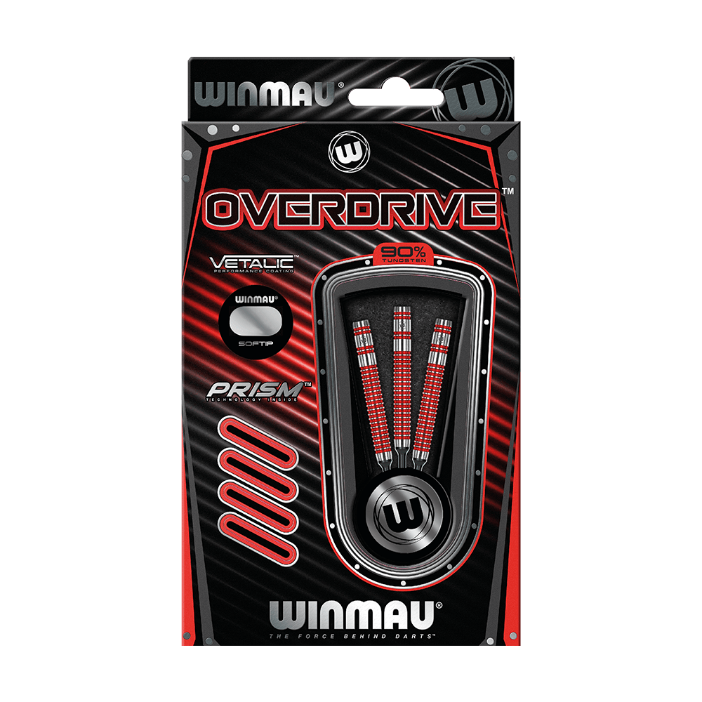 2429_Winmau_Overdrive_Softdarts_3TE2RVvS6TKyDy Das Bild zeigt die Verpackung der "Winmau Overdrive Softdarts - 20g". In der Verpackung sind drei hochwertige Softdarts mit roten und silbernen Details zu sehen.
