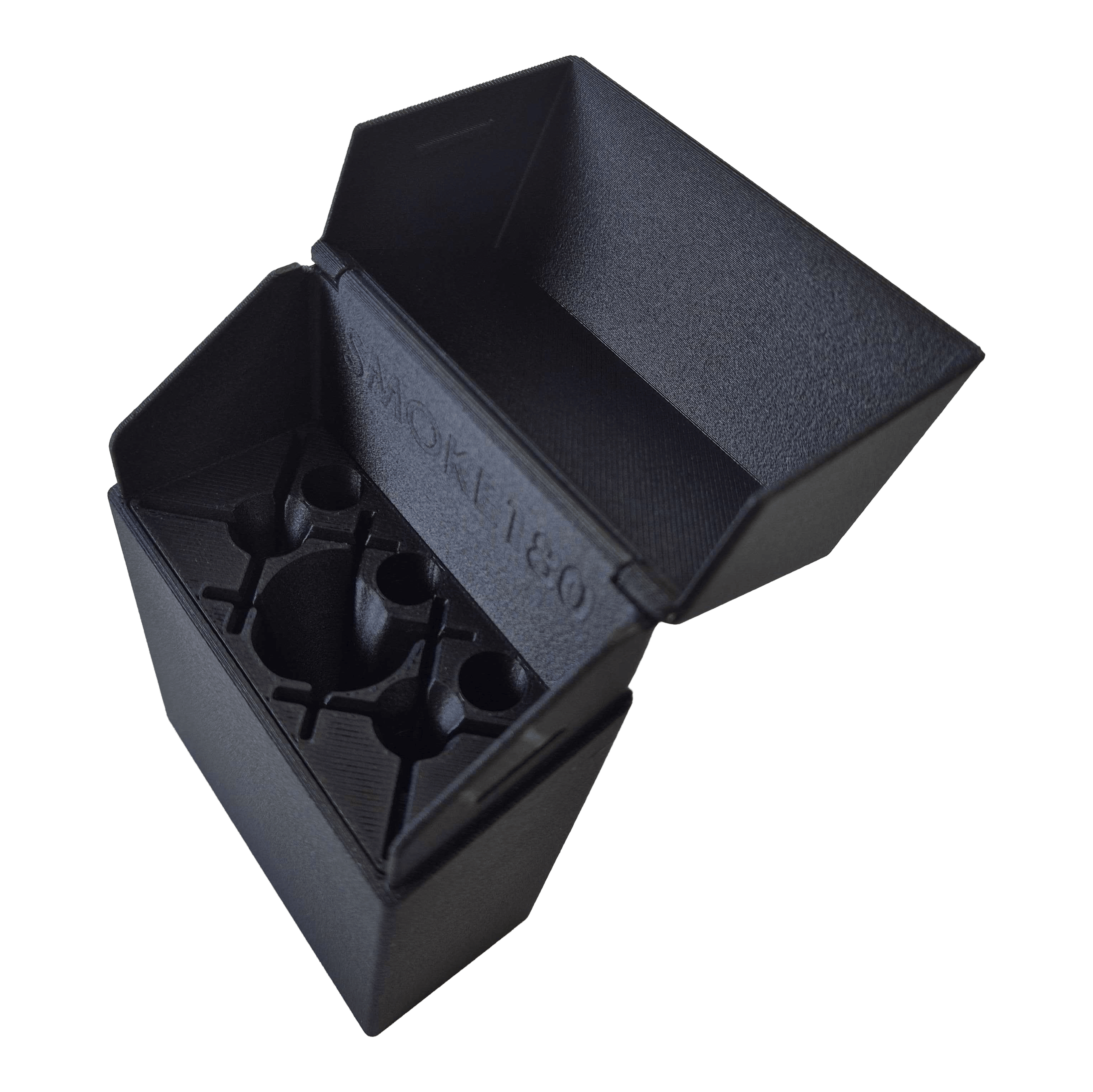 Custodia per freccette Smoke 180 con design personalizzato - Nera Vorderansicht des Smoke 180 Dartcase mit eigenem Design. Die schwarze Oberfläche und die kompakte Form sind deutlich.