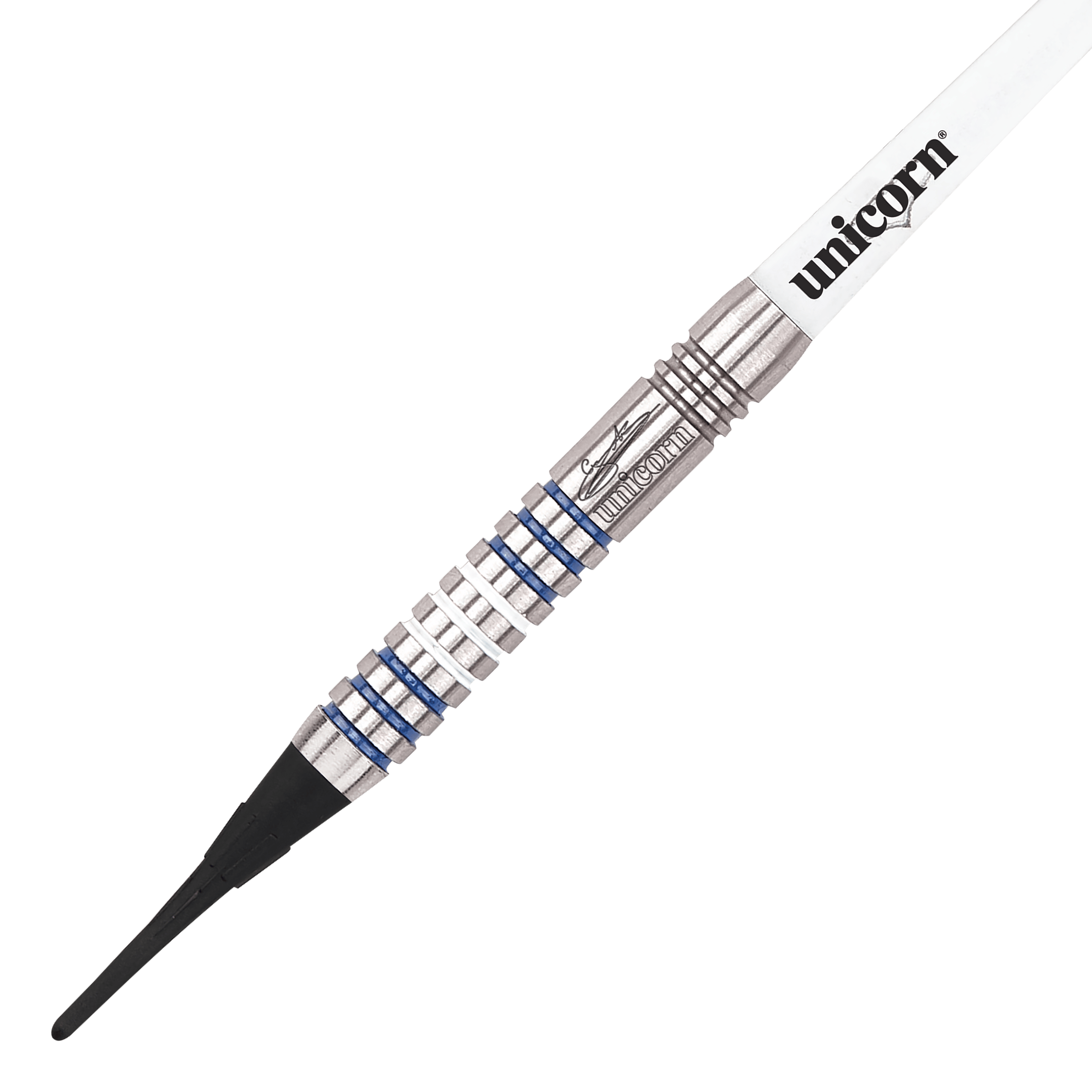Freccette morbide Unicorn Silver Star Var.3 Gary Anderson Das Bild zeigt die Unicorn Silver Star Version 3 Gary Anderson Softdarts. Drei silberne Dartpfeile liegen nebeneinander auf weißem Hintergrund.