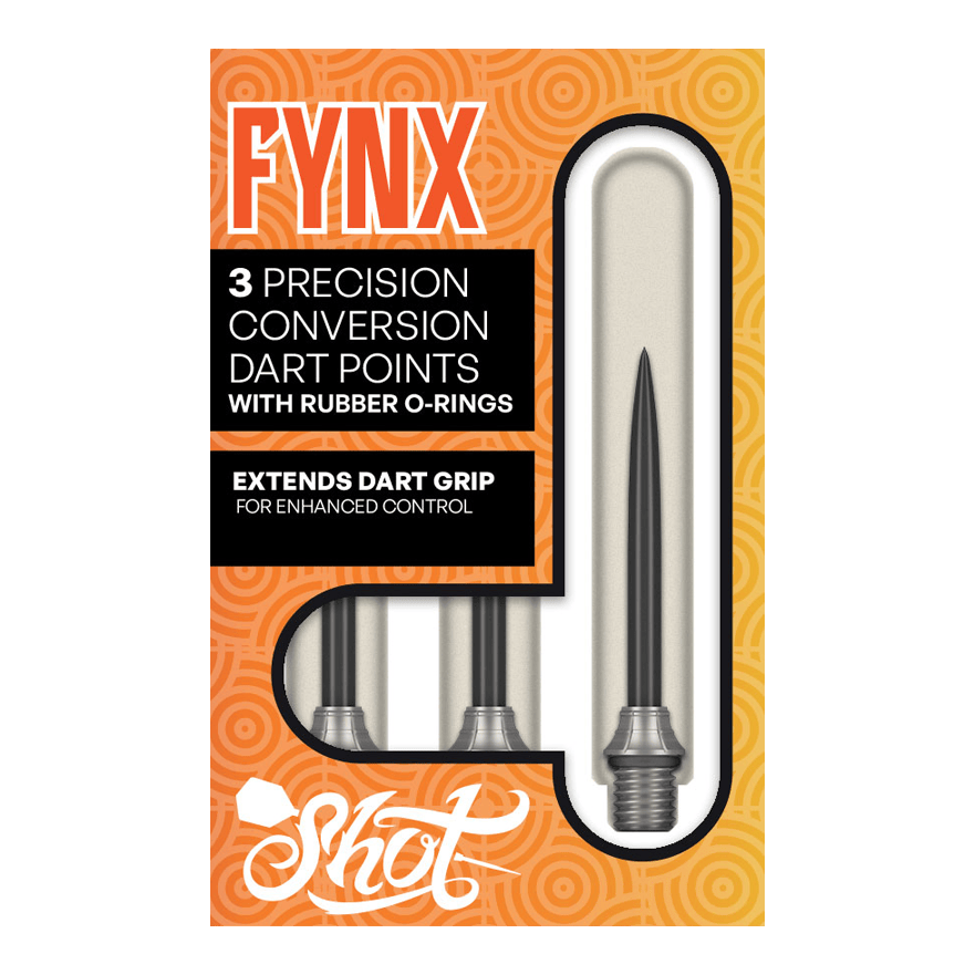 Punti di conversione Shot Fynx - 32 mm Das Foto zeigt die Shot Fynx Conversion Points, 32 mm lang. Diese Dartspitzen ermöglichen ein einfaches Umwechseln der Pointen.