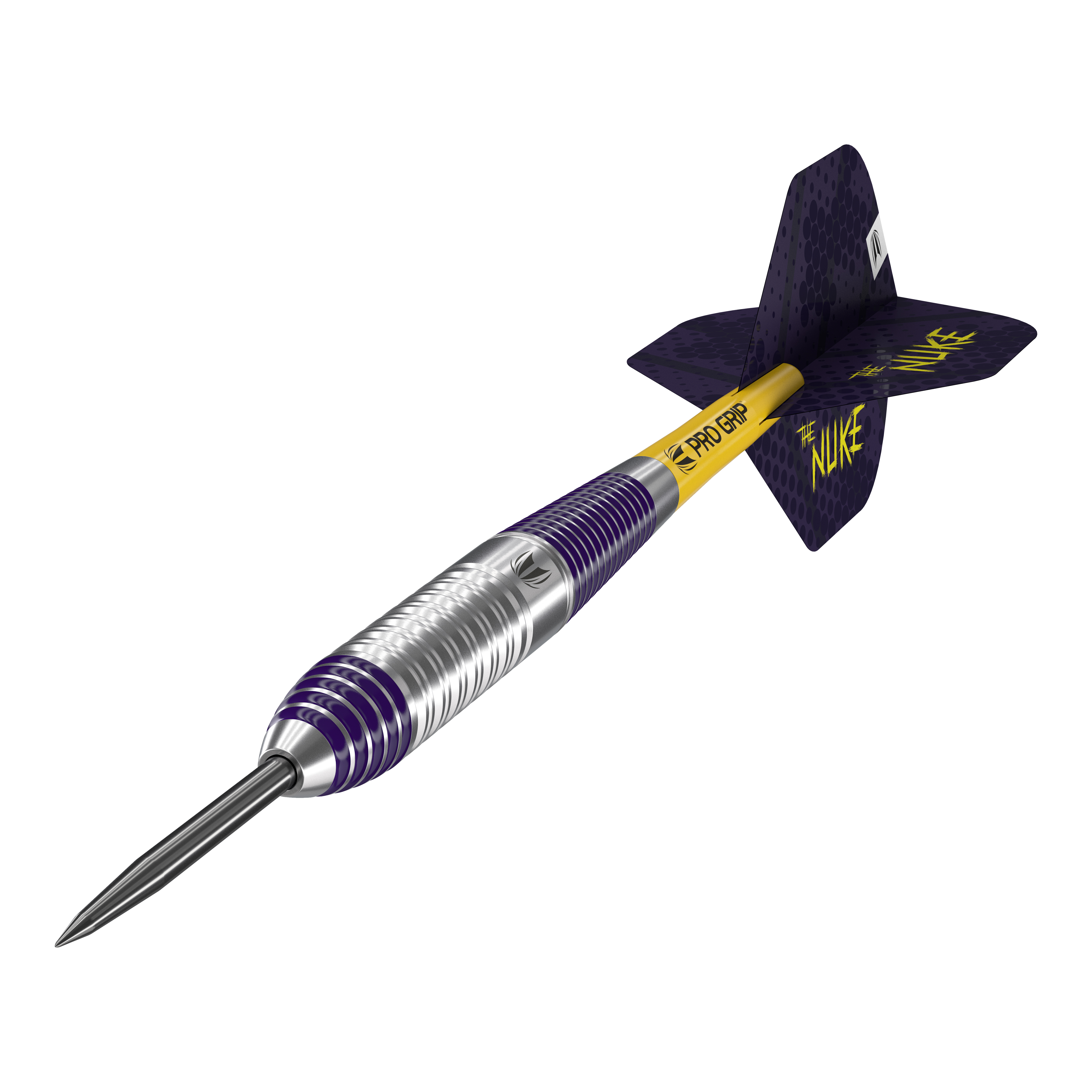 Freccette Target Luke Littler in ottone e acciaio - 22 g Das Bild zeigt einen Target Luke Littler Brass Steeldart mit einem Gewicht von 22g. Der Dartpfeil hat ein silber-violettes Barrel, einen gelben Schaft mit der Aufschrift "PRO GRIP" und violette Flights mit der Aufschrift "THE NUKE".