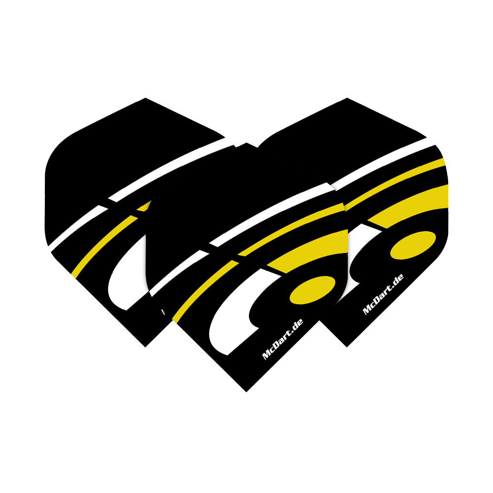 Voli standard McDart ID - Giallo Das Bild zeigt drei McDart ID Standard Flights in der Farbe Gelb. Die Flights haben ein schwarzes Design mit weißen und gelben Akzenten sowie dem Schriftzug "McDart.de".