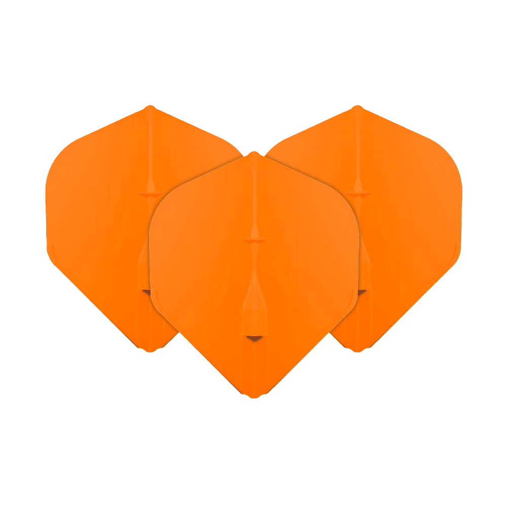 Voli standard L-Style Champagne L1EZ Das Bild zeigt drei orangefarbene L-Style Champagne L1EZ Standard Flights. Sie sind für den Gebrauch bei Darts gedacht und haben eine klassische Standardform.