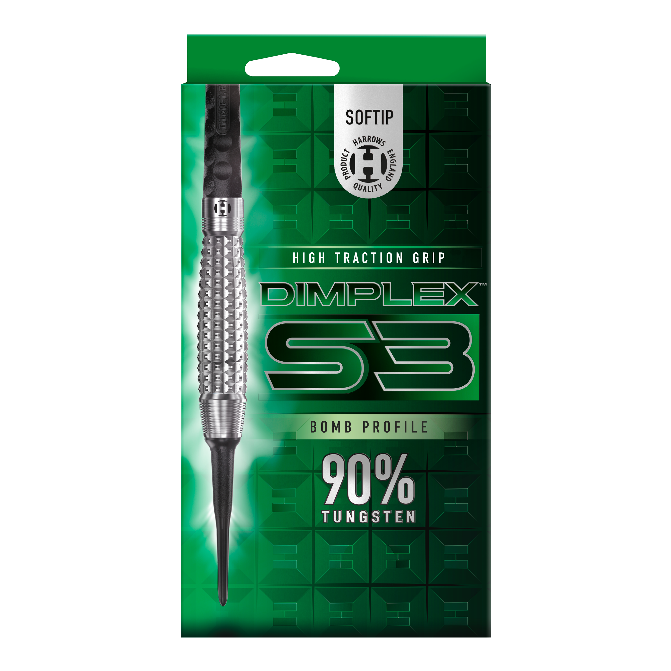 Freccette morbide Harrows Dimplex S3 Bomb Das Bild zeigt eine Verpackung der "Harrows Dimplex S3 Bomb Softdarts". Auf der Verpackung steht, dass die Darts eine hohe Grifftraktion haben und aus 90% Wolfram bestehen.