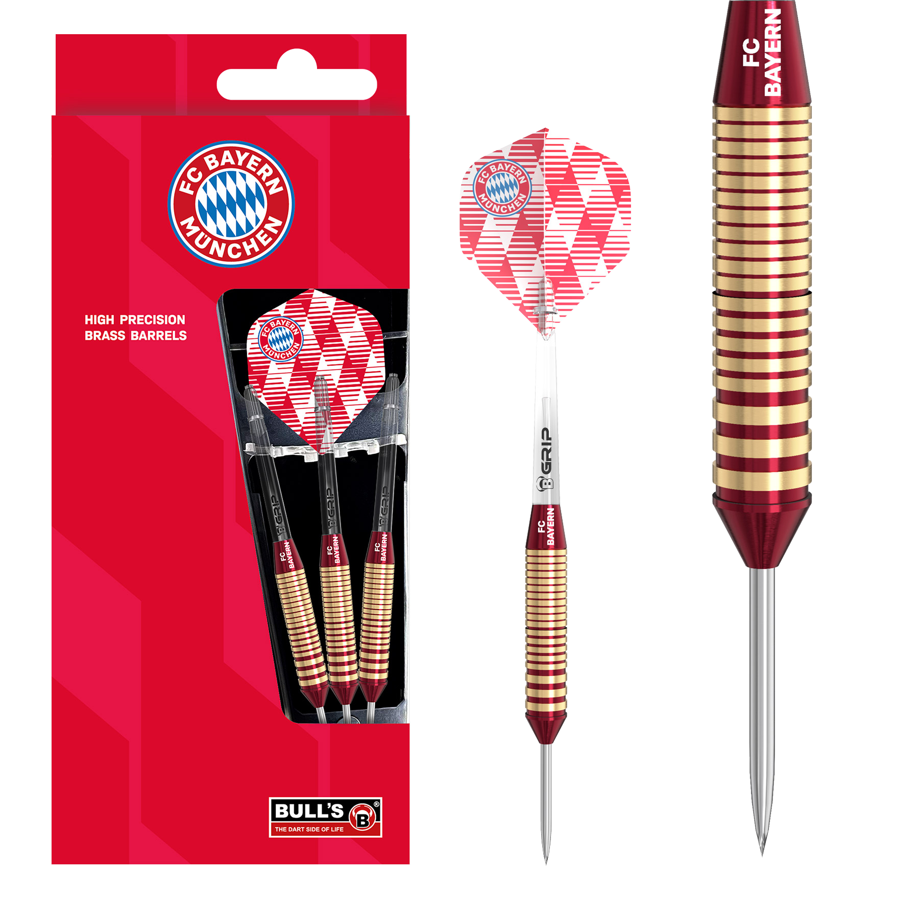 Freccette in acciaio e ottone Bulls FC Bayern Monaco - 21 g Abgebildet sind die Bulls FC Bayern München Brass Steeldarts mit einem Gewicht von 21g. Das Produkt ist ideal für Fans des FC Bayern München und Steeldartspieler.