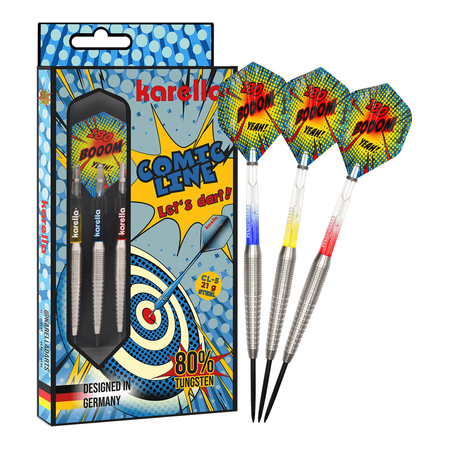 Das Bild zeigt die Karella Comic Line CL-5 Steeldarts - 21g. Es handelt sich um ein Set moderner Steeldarts mit auffälligem Design.
