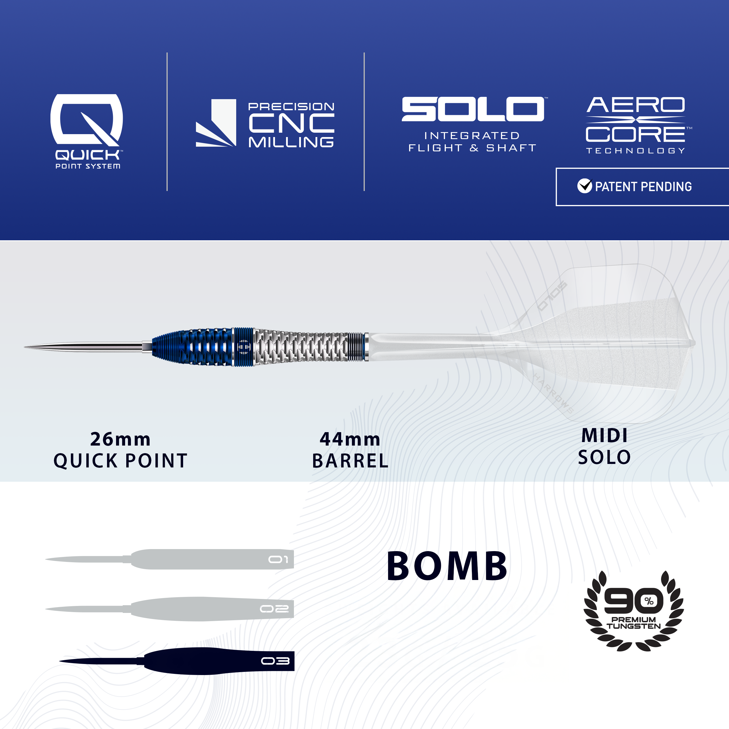 Harrows GEO Bomb Quick Point Steeldarts werden dargestellt. Das Bild zeigt Design und Details dieses Dartprodukts.