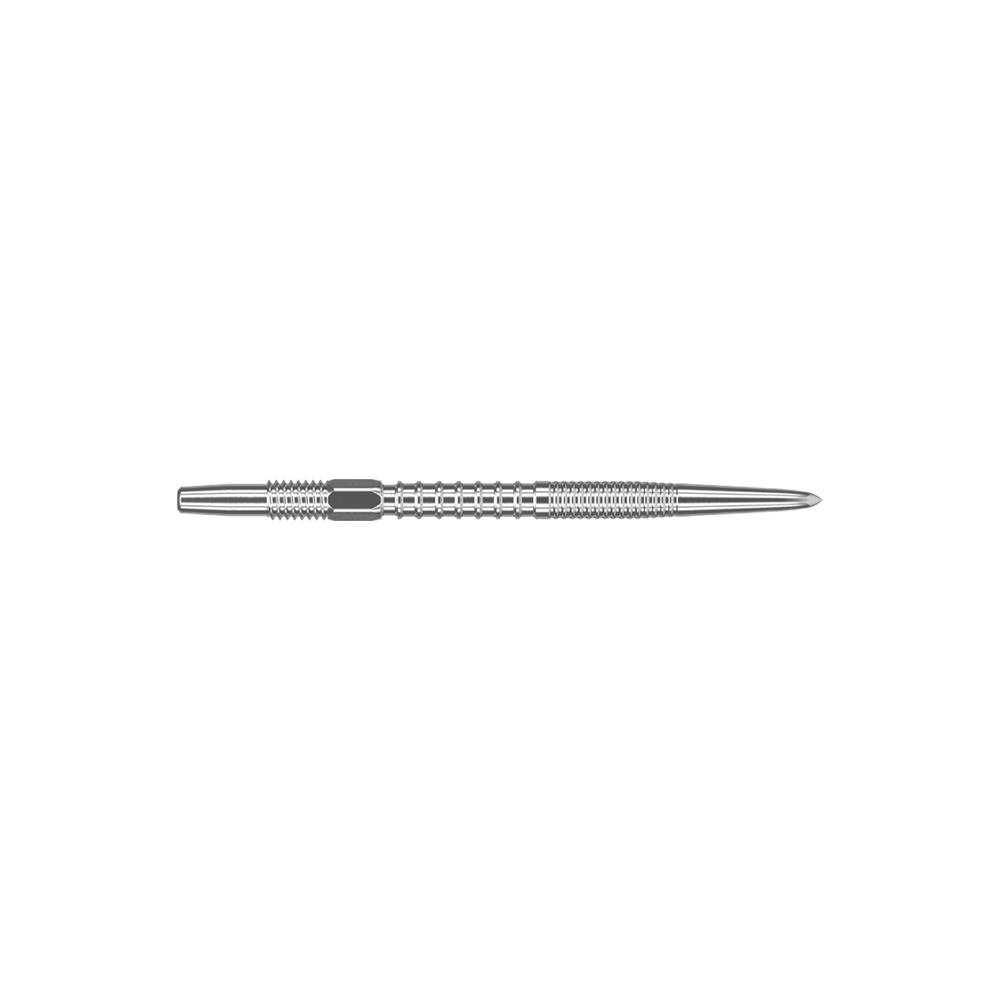 Puntali per freccette Target Swiss Firepoint Silver Das Bild zeigt eine silberne Dartspitze mit feinen Rillen. Sie ist lang, schlank und aus Metall gefertigt.