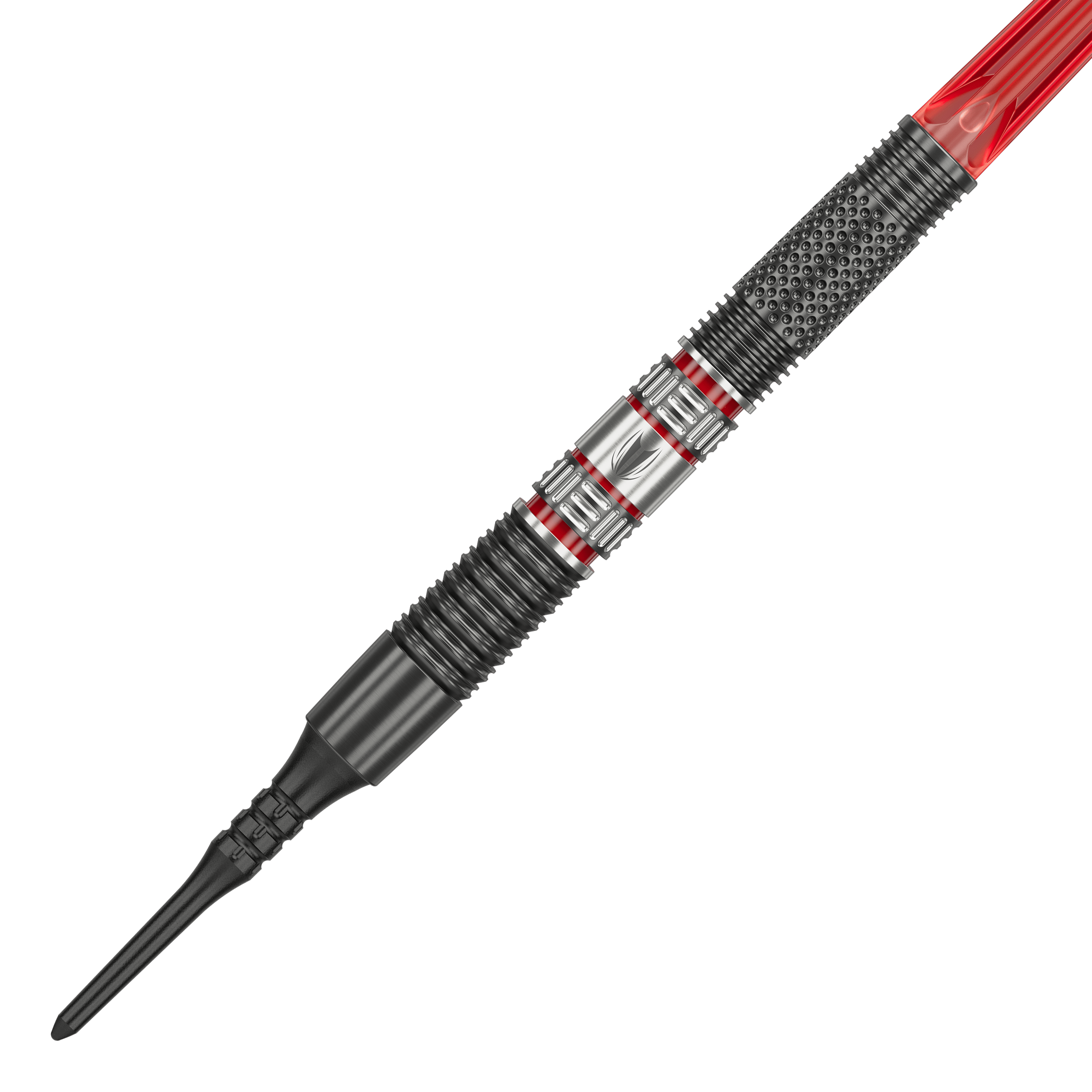 Freccette morbide Target Gabriel Clemens 95K - 19 g Das Bild zeigt einen Target Gabriel Clemens 95K Softdart mit einem Gewicht von 19 Gramm. Der Dart hat ein auffälliges Design mit silbernen, schwarzen und roten Elementen.