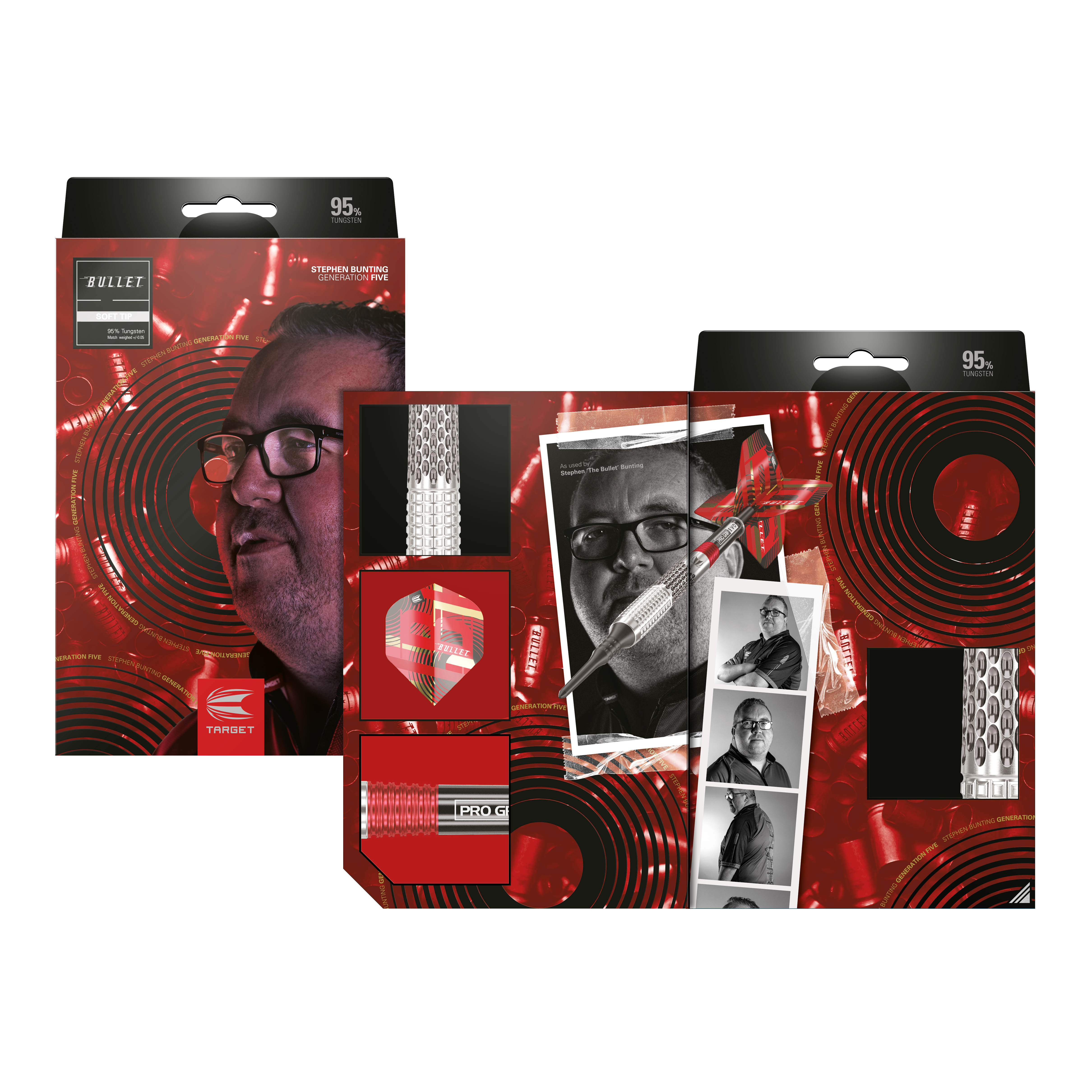 Freccette morbide Target Stephen Bunting GEN5 - 18 g Auf dem Bild ist die Verpackung der "Target Stephen Bunting GEN5 Softdarts - 18g" zu sehen. Die Verpackung zeigt ein Porträt von Stephen Bunting und mehrere Produktdetails vor einem roten, auffälligen Hintergrund.