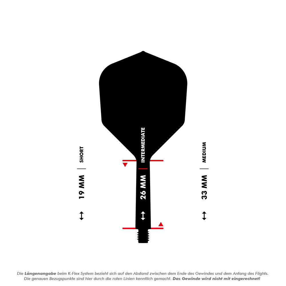 Target K-Flex No6 Flight System - Bianco Das Bild zeigt eine Dart-Flightschafte mit Längenangaben in Millimetern. Es werden die drei Längen "Short" (19 mm), "Intermediate" (26 mm) und "Medium" (33 mm) dargestellt.