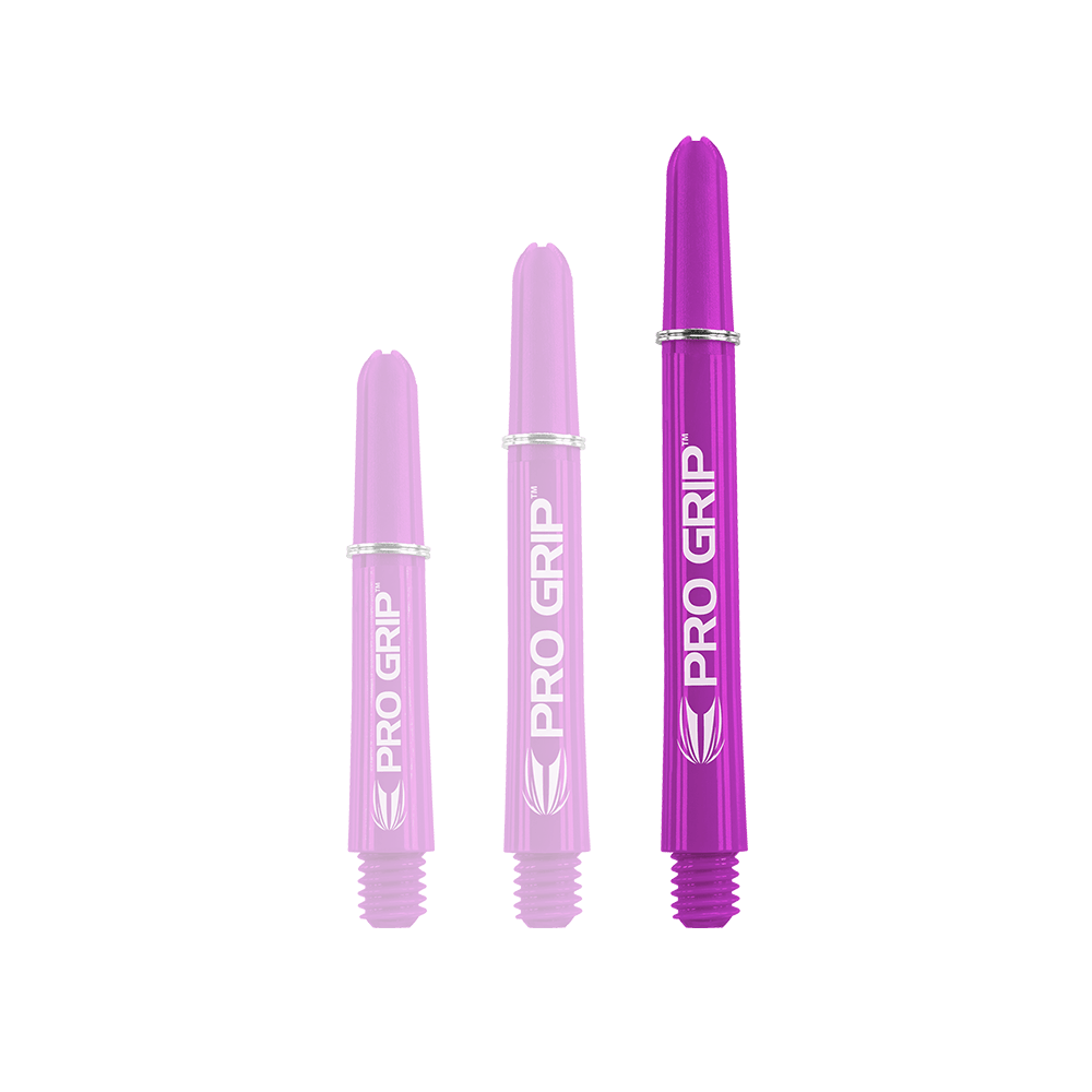 Target Pro Grip Shafts - 3 set - Viola Das Bild zeigt drei lilafarbene PRO GRIP Dartschäfte in unterschiedlichen Längen. Sie sind nebeneinander angeordnet und haben jeweils weiße Schrift und Markierungen.
