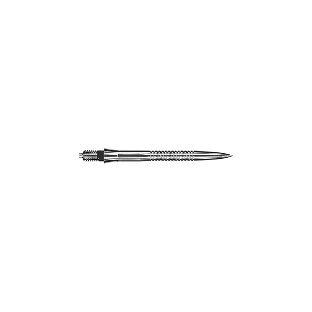 Punte per freccette Caliburn EZ-EVO - Scanalate - Argento Zu sehen sind Dartspitzen mit Rillen im silbernen Design und einer Länge von 28 mm. Diese Dartspitzen sind für präzises Dartspiel gedacht.