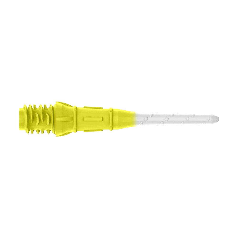 L-Style Premium Two Tone Lippoints (confezione da 30) Das Bild zeigt eine zweifarbige Dartspitze mit gelbem und weißem Bereich. Der hintere Teil ist gelb, während die Spitze weiß ist.