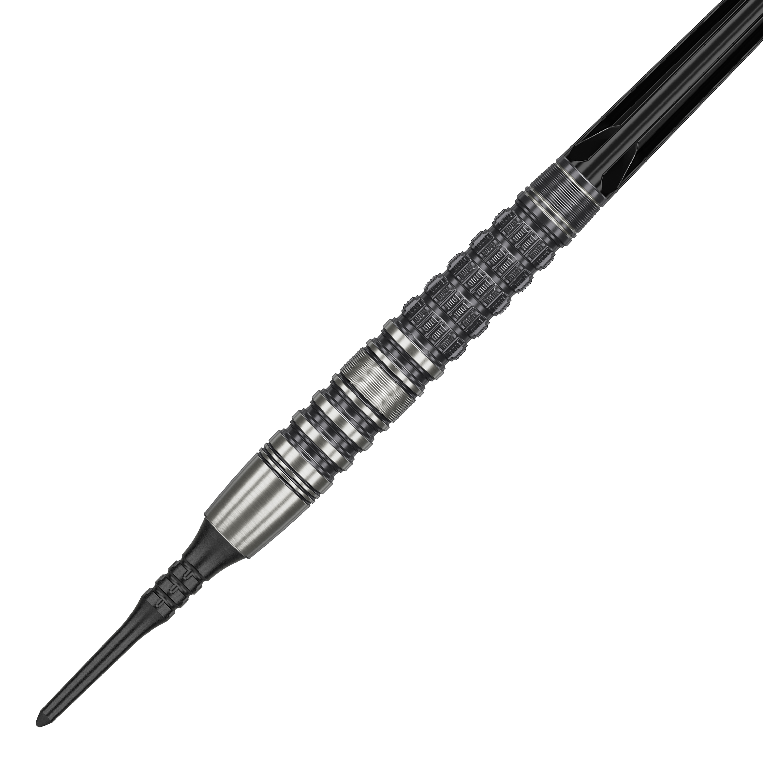 Target Japan Black Marque Lumiere GEN3 Freccette morbide - 18,5 g Das Bild zeigt einen Target Japan Black Marque Lumiere GEN3 Softdart mit einem Gewicht von 18,5g. Der Dart ist aus Metall gefertigt und besitzt ein detailliertes, strukturiertes Griffdesign.