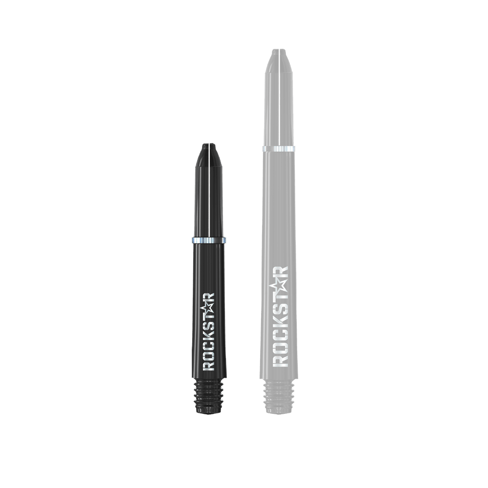 Winmau Joe Cullen Rockstar Nylon Alberi Neri Das Bild zeigt zwei schwarze Dartschäfte mit der Aufschrift "ROCKSTAR". Die Schäfte sind unterschiedlich lang und haben silberne Ringe.