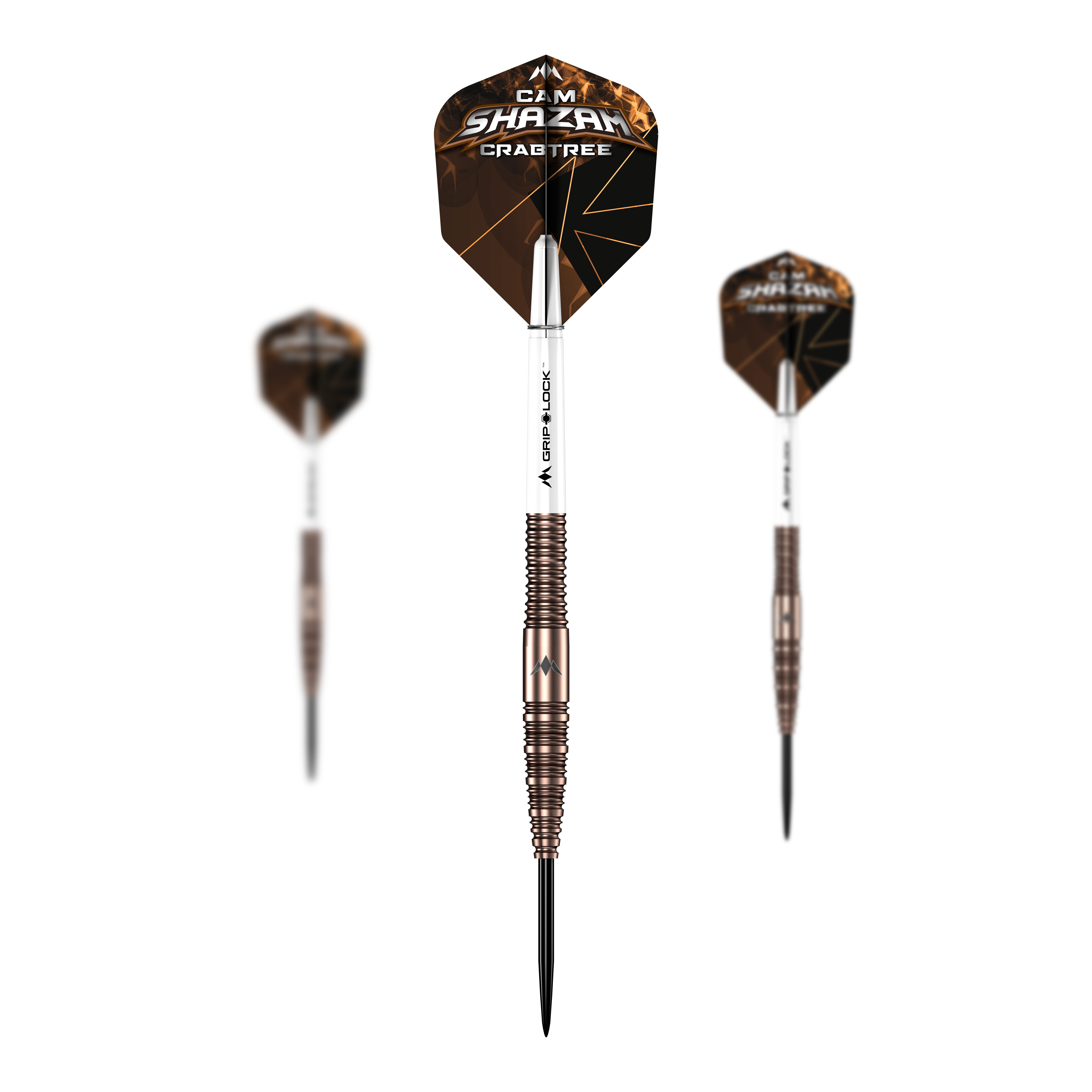 Freccette Mission Cam Crabtree V2 in acciaio al tungsteno al 95% Das Bild präsentiert ein Set der Mission Cam Crabtree V2 Steeldarts. Mehrere Dartpfeile werden gemeinsam gezeigt.