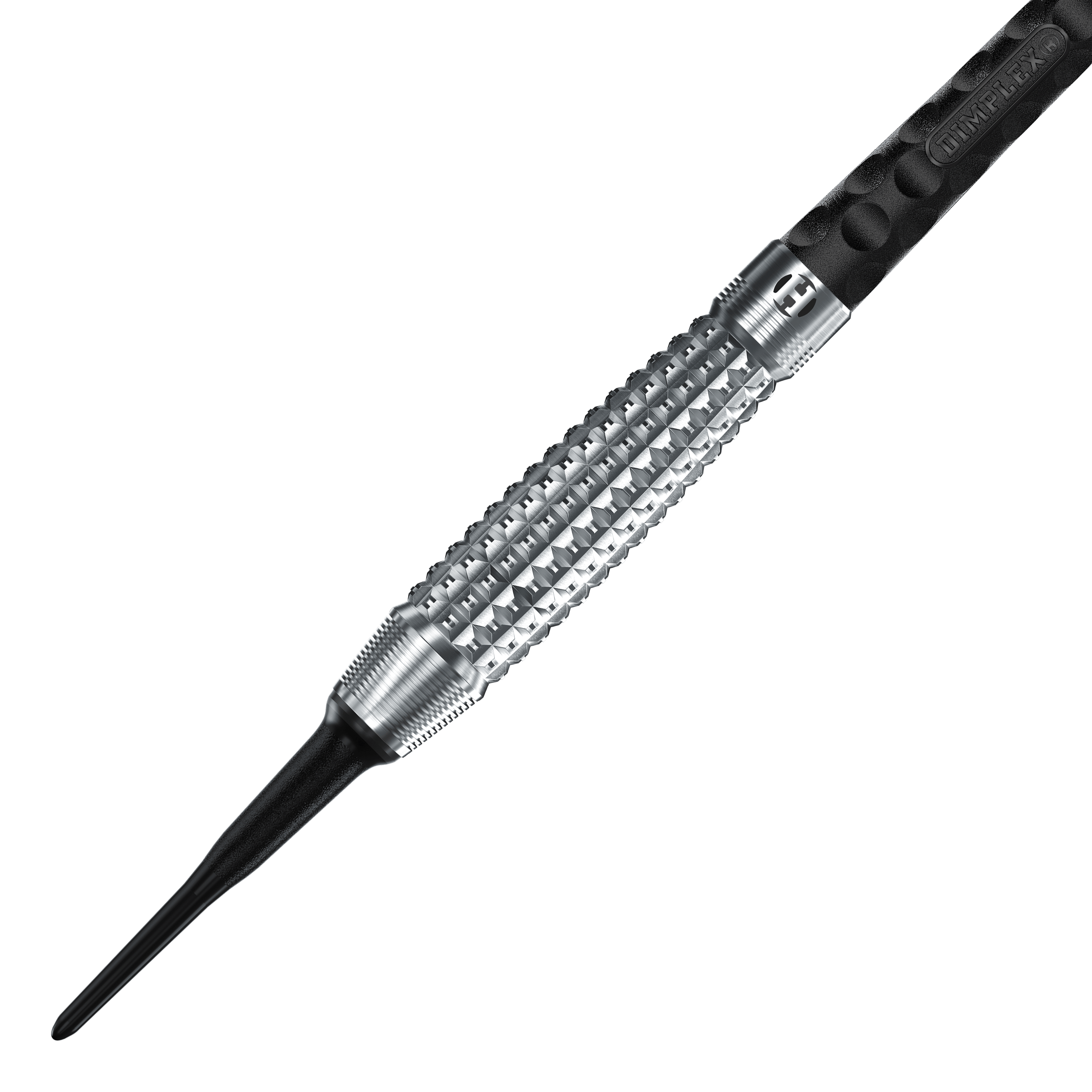 Freccette morbide Harrows Dimplex S3 Bomb Das Bild zeigt einen Harrows Dimplex S3 Bomb Softdart. Der Dartpfeil hat eine silberne, strukturierte Griffzone und eine schwarze Kunststoffspitze.