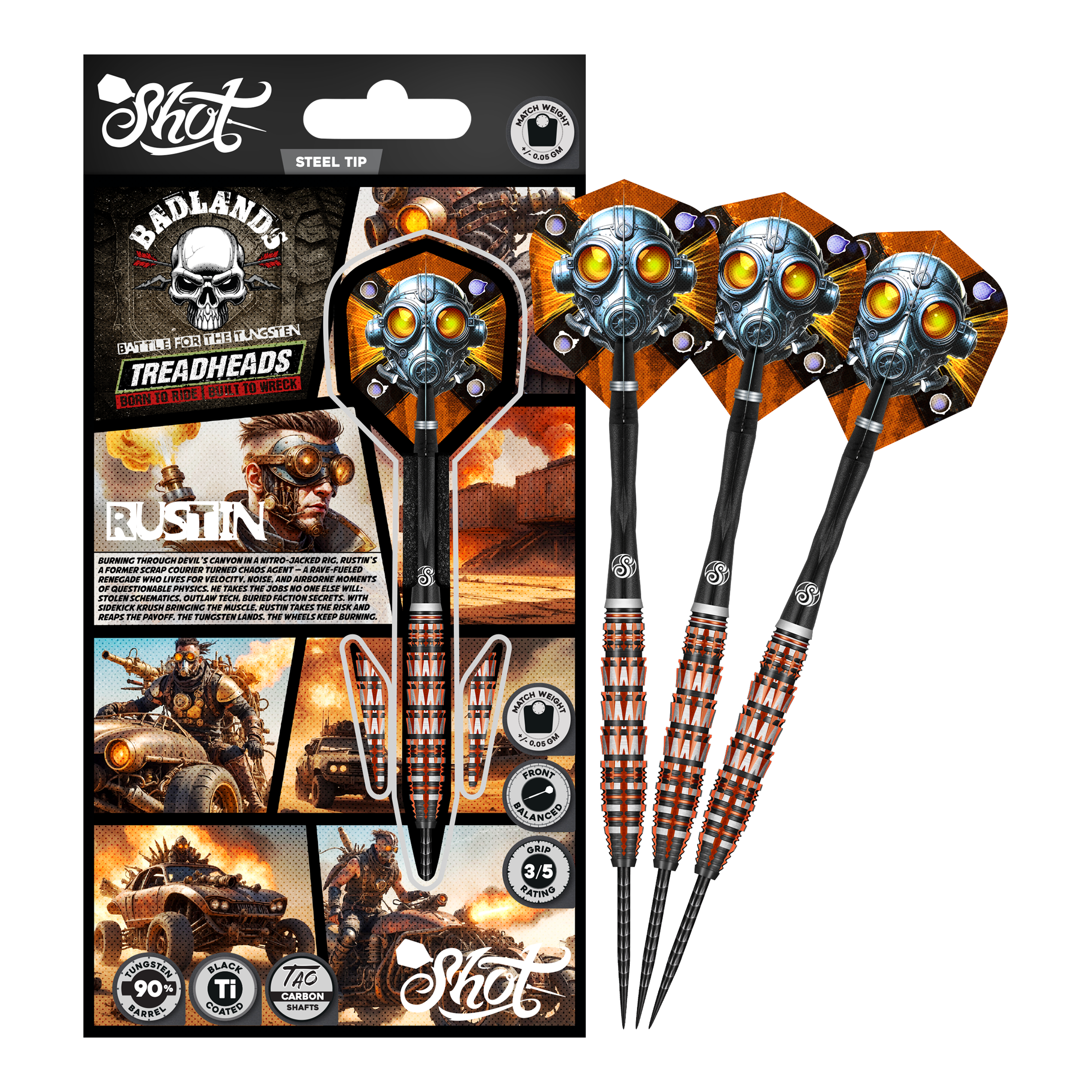 Freccette Shot Badlands Rustin Steel - 23 g Das Bild präsentiert den Shot Badlands Rustin Steeldarts - 23g. Der komplette Dartpfeil ist abgebildet.