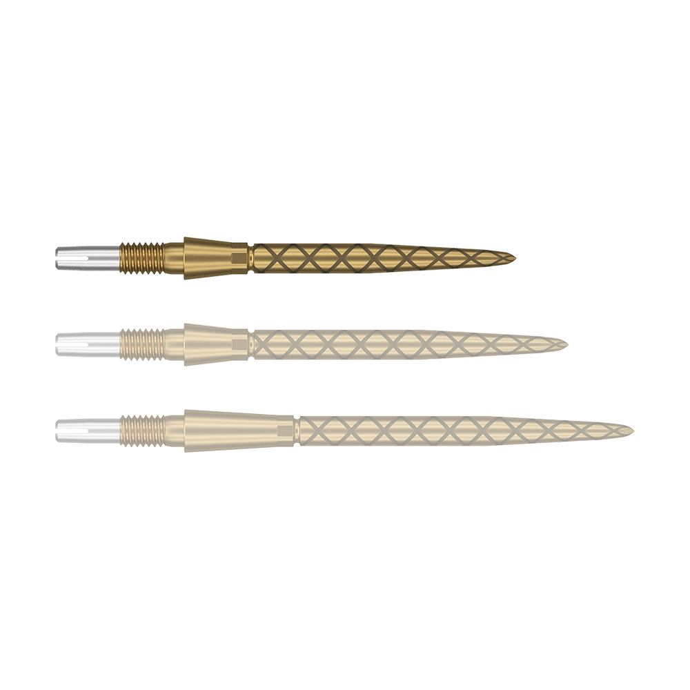 Punte per freccette Target Swiss Storm Diamond Point - Oro Das Bild zeigt drei goldene Dartspitzen mit einem rautenförmigen Muster. Die Spitzen sind nebeneinander angeordnet und haben silberne Enden zum Befestigen.