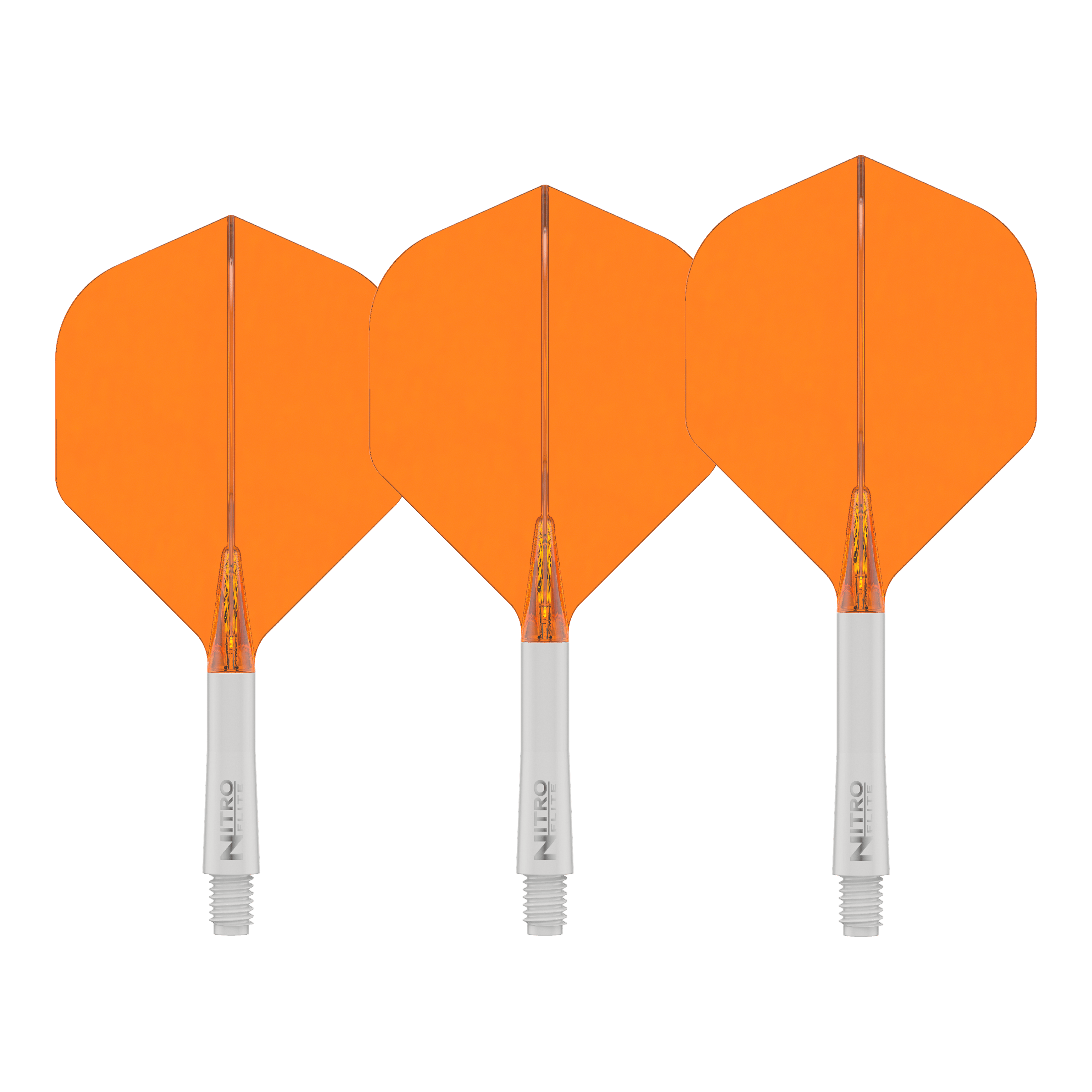 Red Dragon Nitroflite Asta bianca Alette arancioni n. 2 Das Bild zeigt das Produkt Red Dragon Nitroflite White Shaft Orange Flights No2. Es handelt sich um einen weißen Dart-Schaft mit orangefarbenen Flights.
