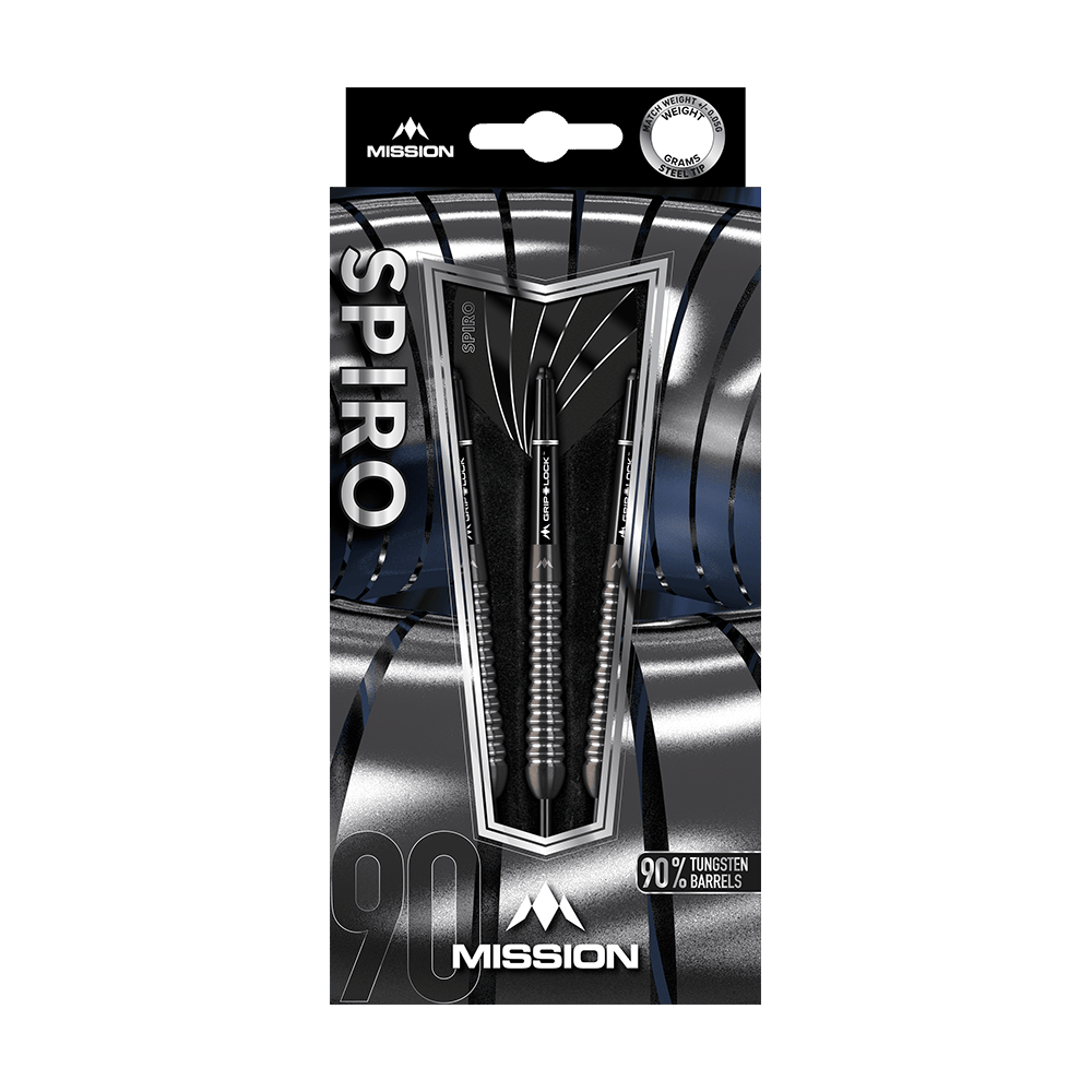 Freccette in acciaio Mission Spiro modello 2 - 22 g Das Bild zeigt eine Verpackung der Mission Spiro Model 2 Steeldarts mit einem Gewicht von 22 Gramm. Die Pfeile bestehen zu 90 % aus Tungsten und sind elegant in einer silber-schwarzen Box präsentiert.
