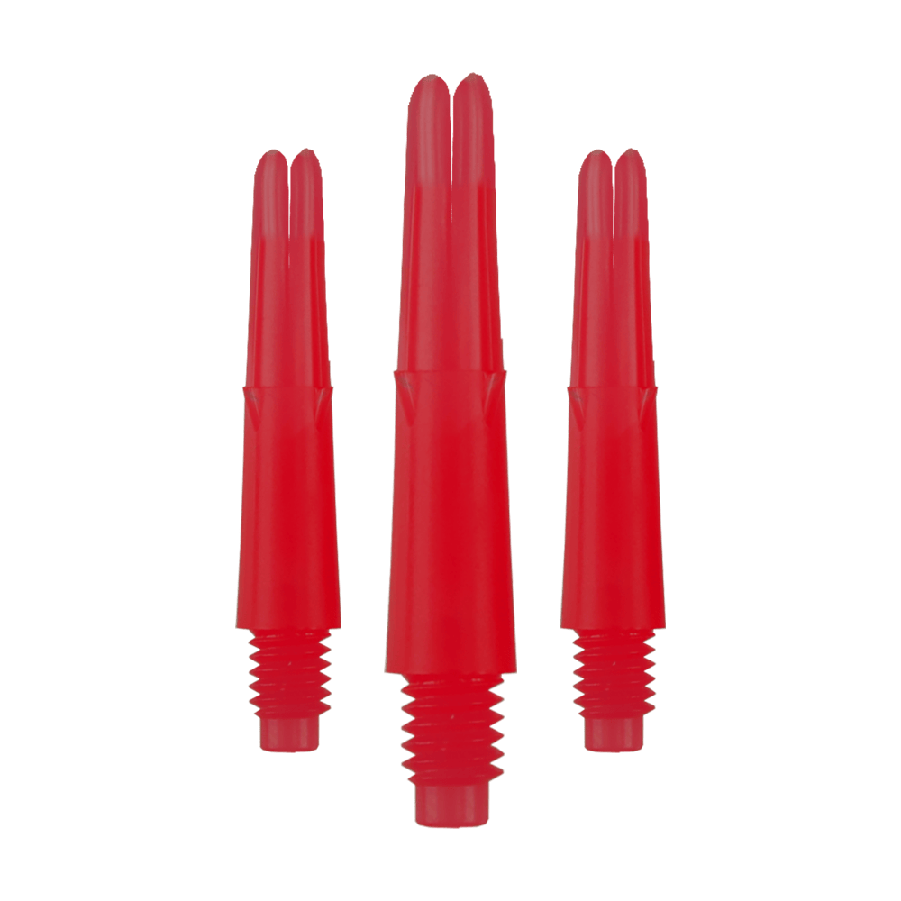 Alberi a L bloccati dritti - Rosso Das Bild zeigt drei rote, gerade Dartschäfte mit Gewinde unten. Sie sind ohne Kappen und haben eine Länge von 26 mm.