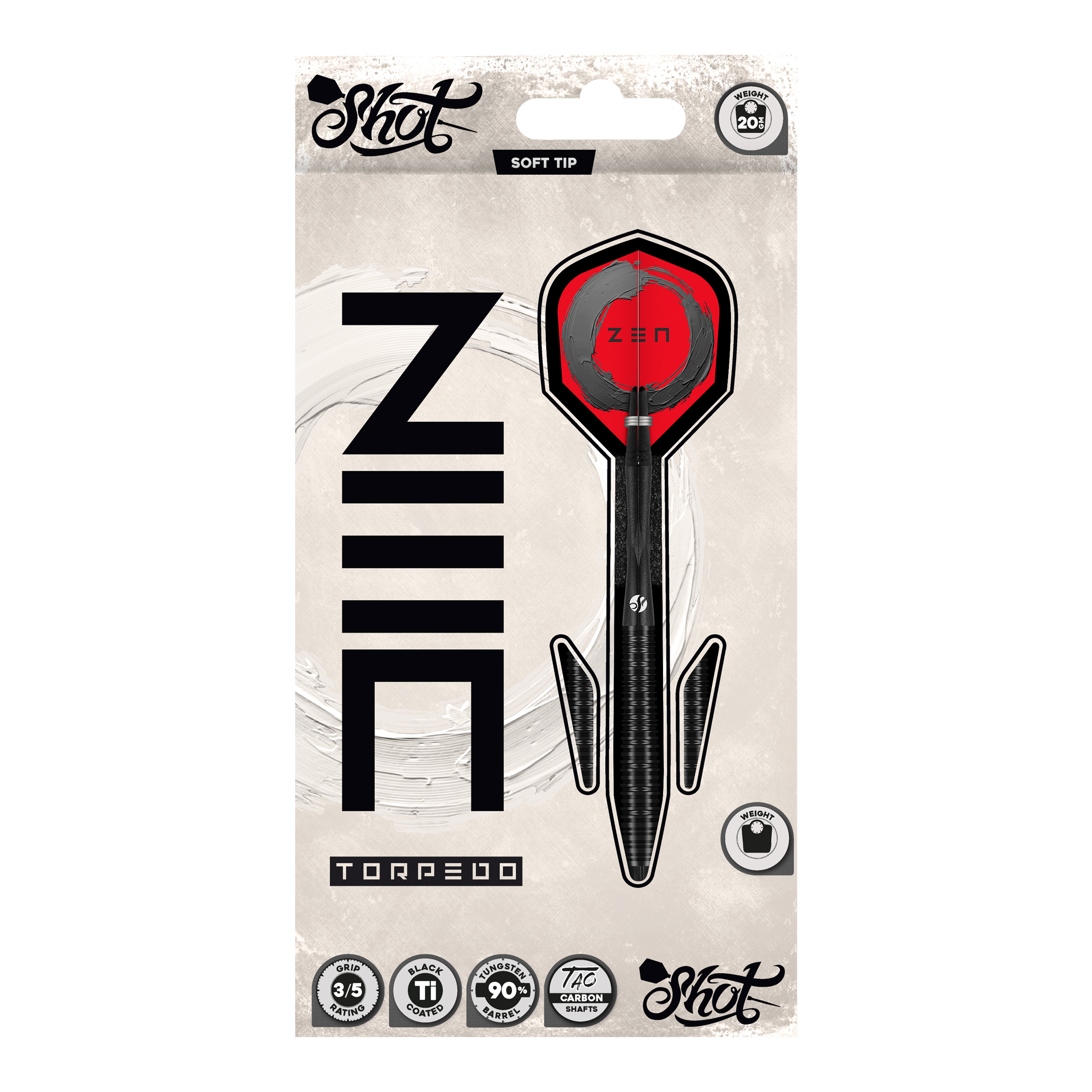 Freccette morbide Shot ZEN Torpedo - 20 g Hier sieht man die Shot ZEN Torpedo Softdarts - 20g aus einer anderen Perspektive. Die Details des Dartpfeils sind deutlich erkennbar.