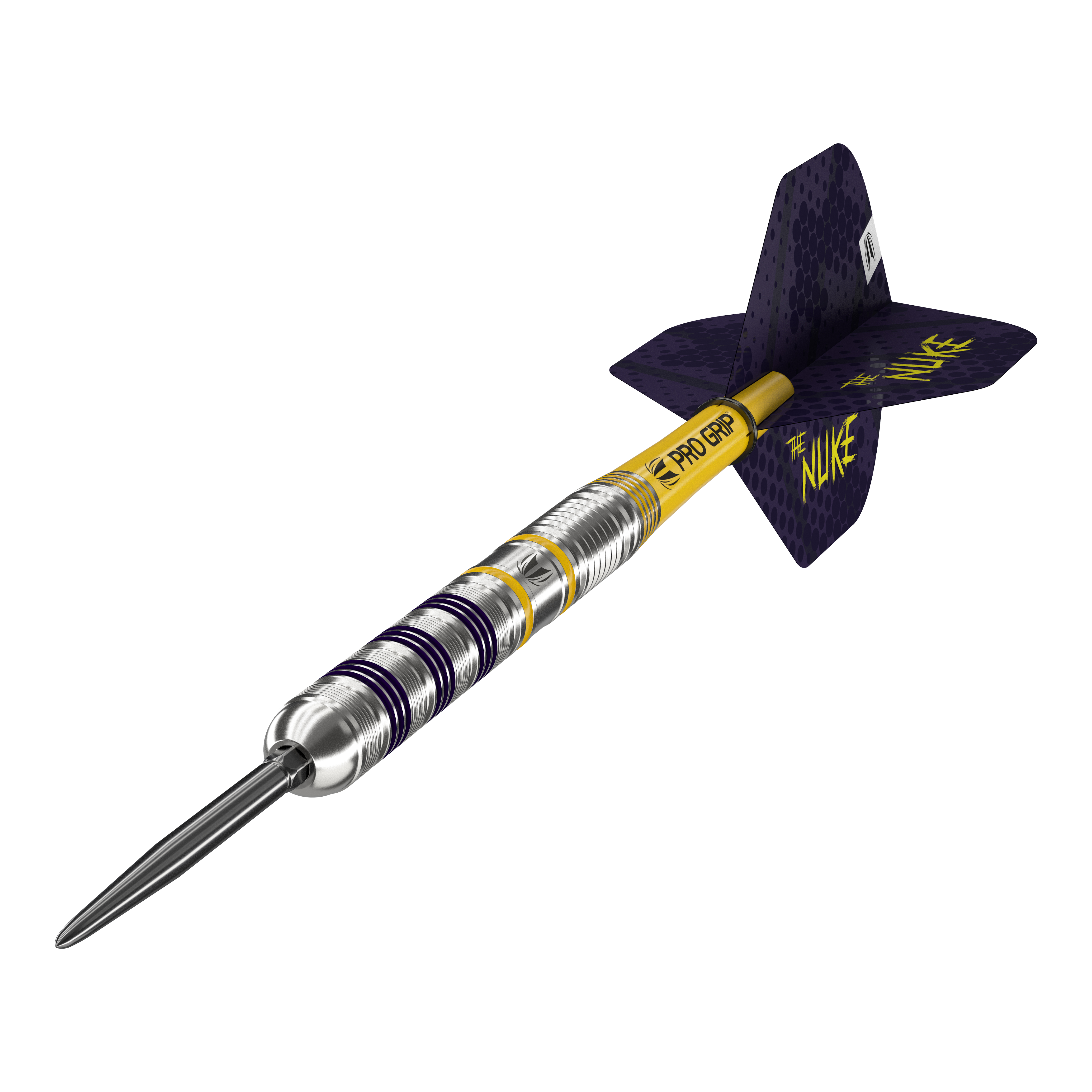 Target Luke Littler Loadout Freccette in acciaio Swiss Point Der Bild zeigt einen Target Luke Littler Loadout Swiss Point Steeldart. Der Dartpfeil hat ein silbernes Barrel mit gelben und lila Akzenten sowie einem gelben Schaft und lila Flight, auf dem "The Nuke" steht.