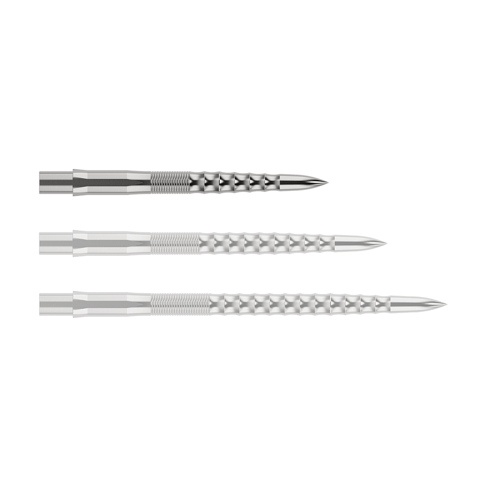Punte per freccette Mission Caliburn EVO - Ripple - Argento Das Bild zeigt drei silberne Steeldartspitzen, die nebeneinander liegen. Sie haben eine geriffelte Struktur und laufen vorne spitz zu.