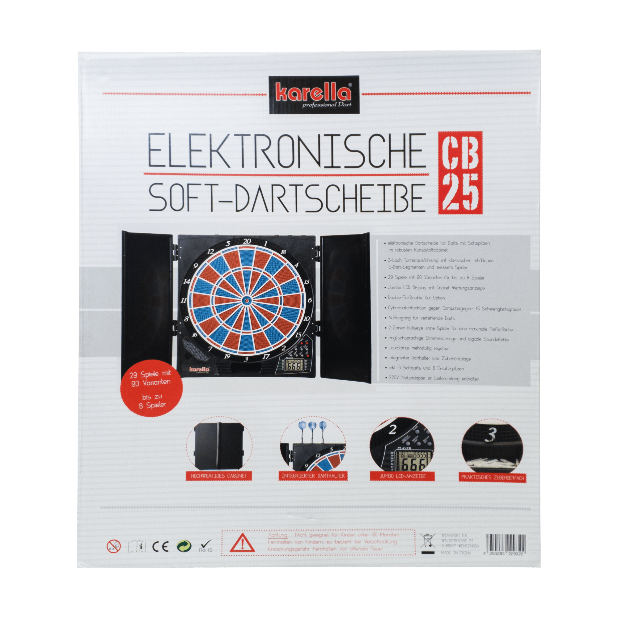 Bersaglio elettronico CB 25 versione da torneo Die Abbildung zeigt die Verpackung der elektronischen Soft-Dartscheibe CB 25 von Karella. Auf der Vorderseite sind Produktmerkmale und Bilder der Dartscheibe mit Zubehör abgebildet.