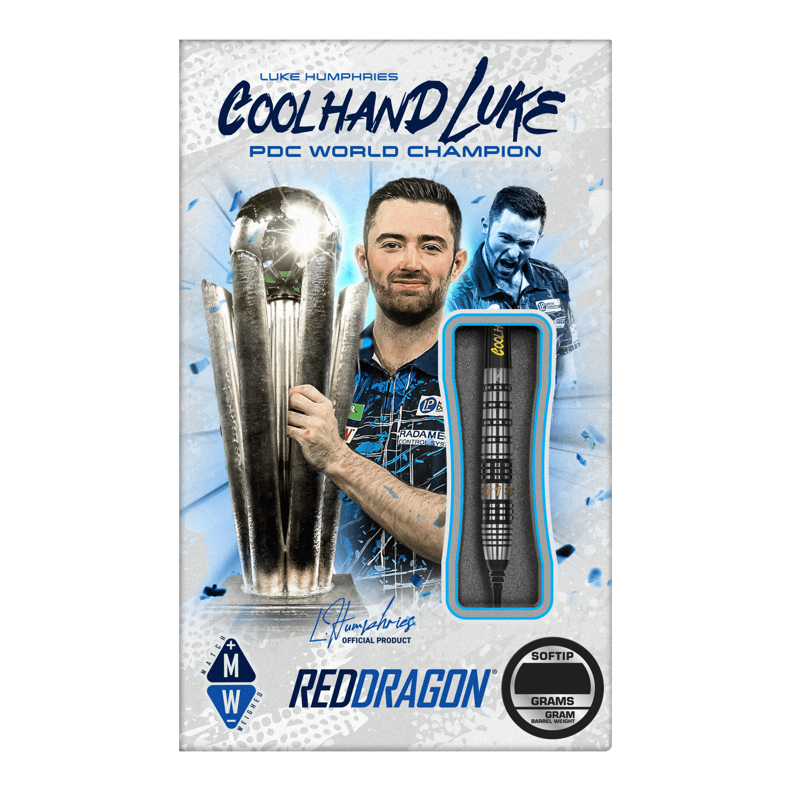 Freccette morbide Red Dragon Luke Humphries Prestige - 20 g Das Bild zeigt die Verpackung der "Red Dragon Luke Humphries Prestige Softdarts - 20g". Auf der Verpackung ist ein Foto von Luke Humphries mit einem Pokal zu sehen, sowie ein einzelner Dartpfeil als Produktabbildung.