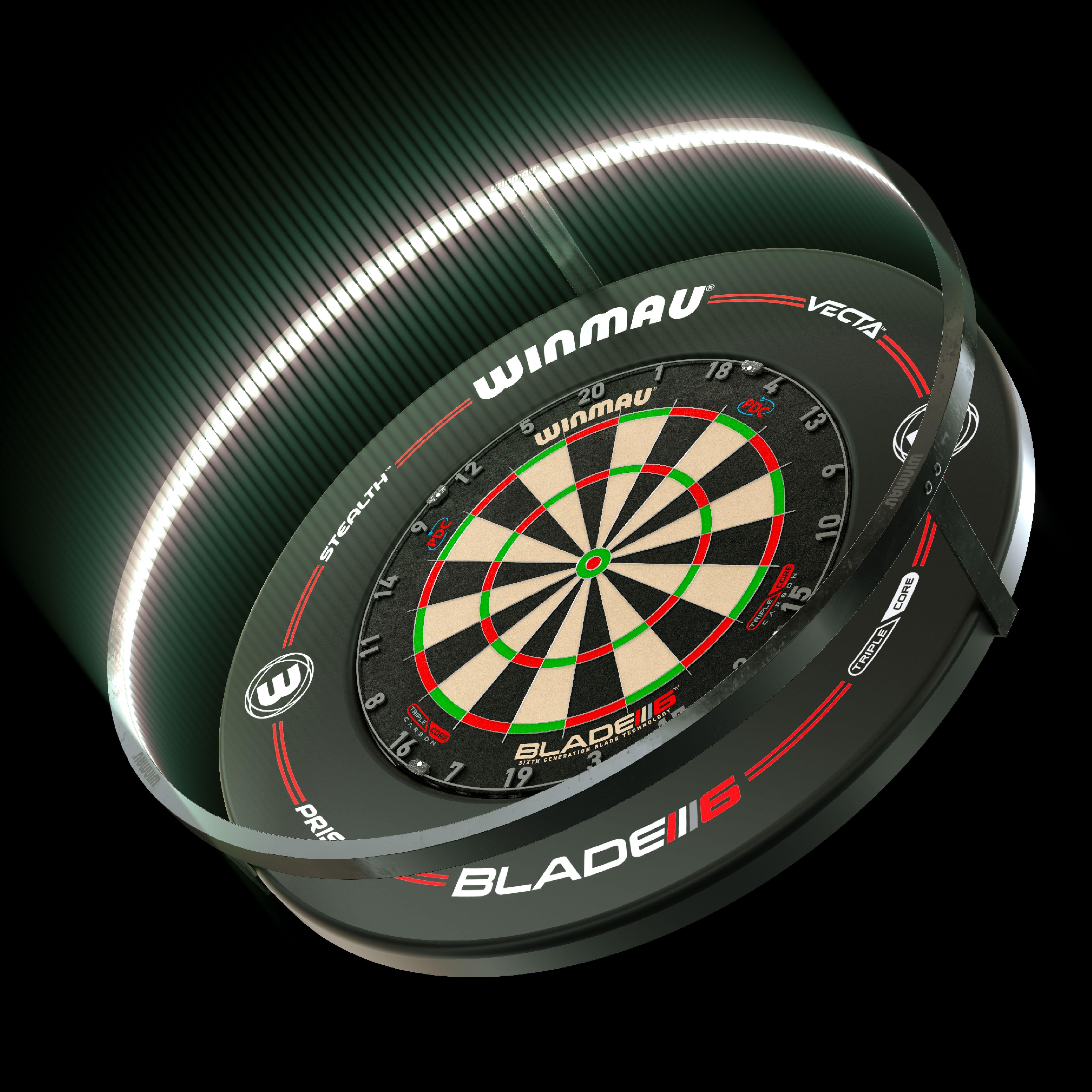 PACCHETTO Illuminazione e surround LED al plasma Winmau Das Bild zeigt das Winmau Plasma LED Beleuchtung und Surround Bundle mit einer beleuchteten Dartscheibe. Die LED-Leiste sorgt für optimale Ausleuchtung und ein modernes Design.