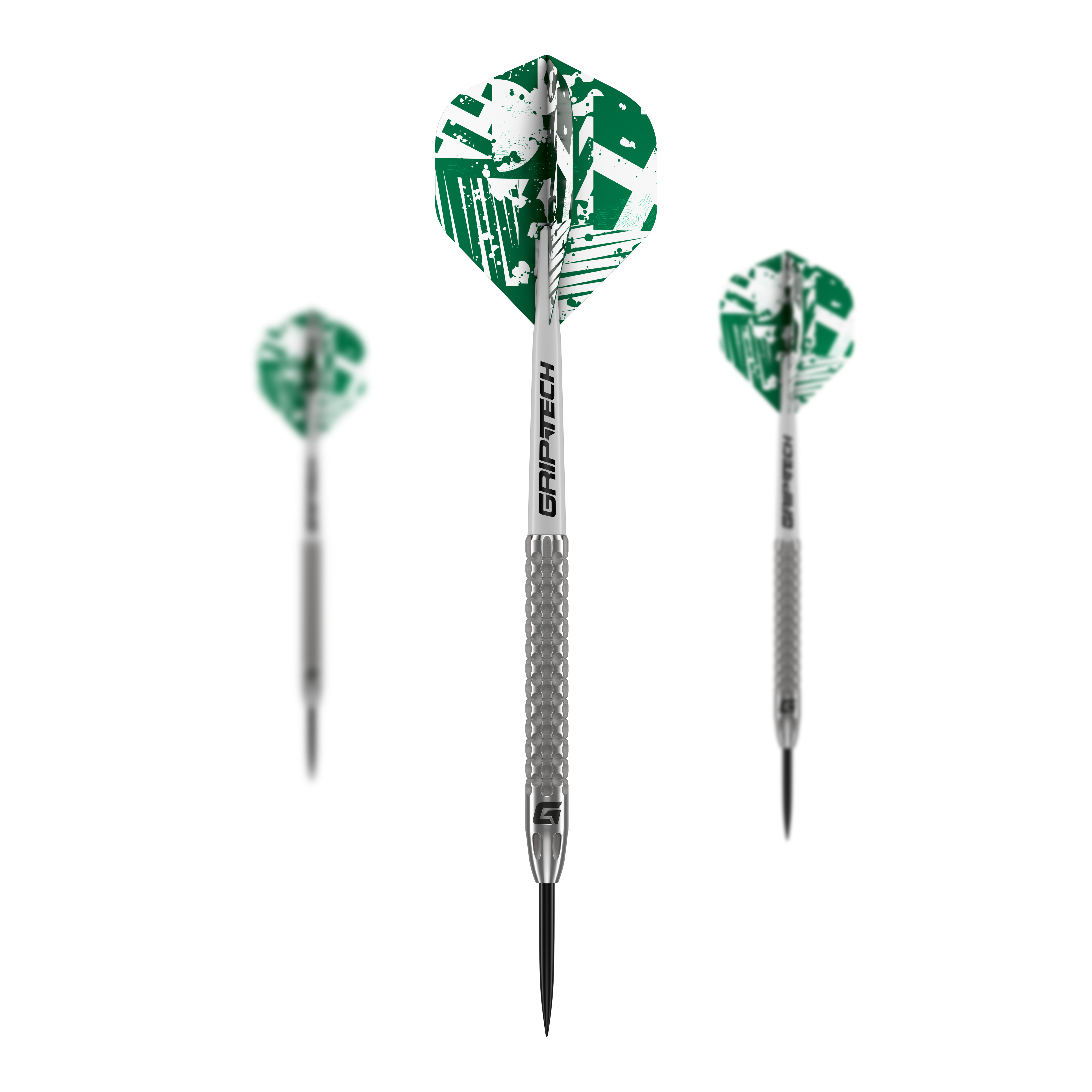 Freccette in acciaio al tungsteno GOAT Fairway V2 Das Bild zeigt drei GOAT Fairway V2 Tungsten Steeldarts mit silbernen Schäften und grünen Flights. Auf den Schäften steht "GRIPTECH" und die Darts haben eine strukturierte Griffzone.