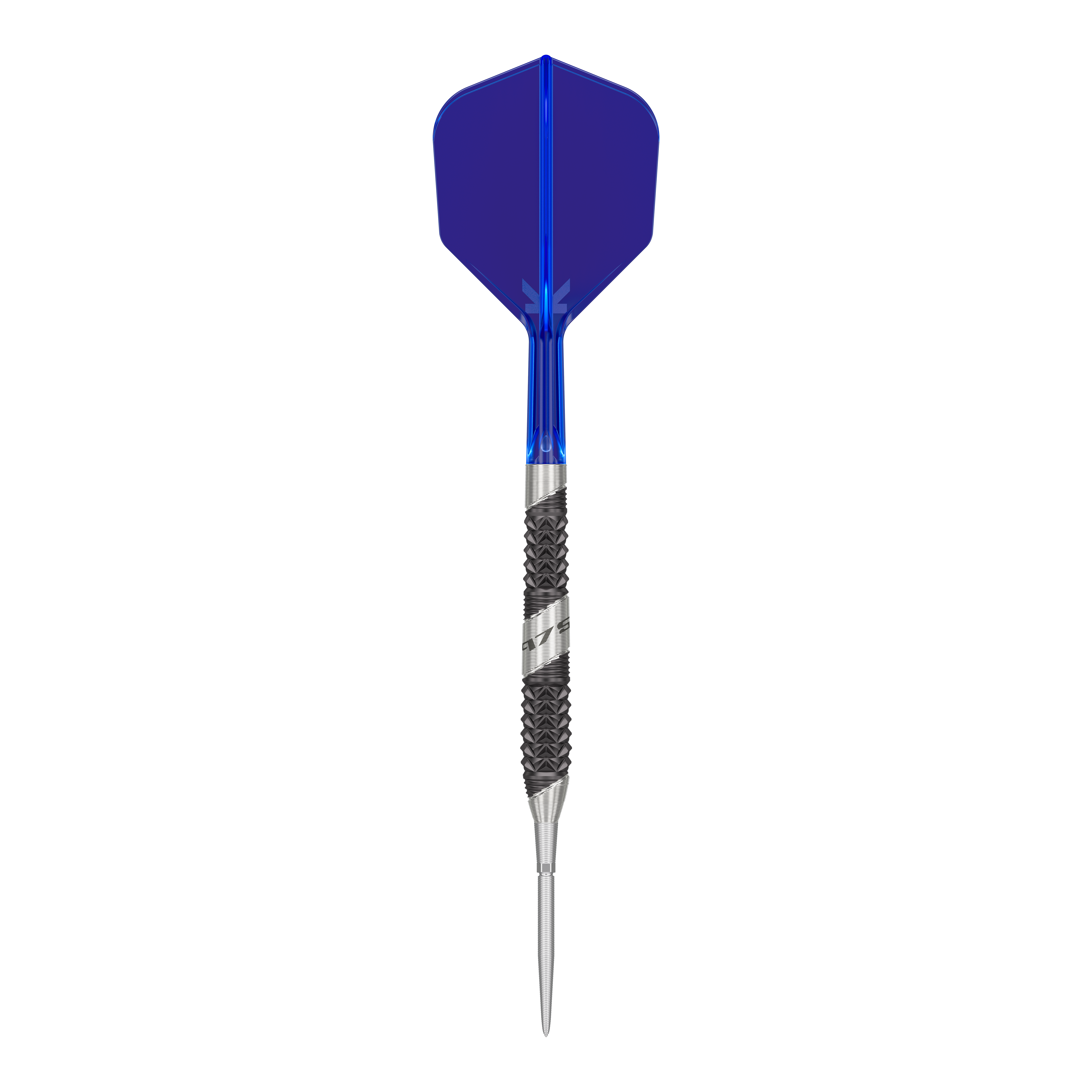 Freccette in acciaio Target 975 Ultra Marine 02 Swiss Point Das Bild zeigt einen Pfeil mit einer blauen Flights und einer silber-schwarzen Metallspitze. Der Pfeil hat ein modernes und sportliches Design.