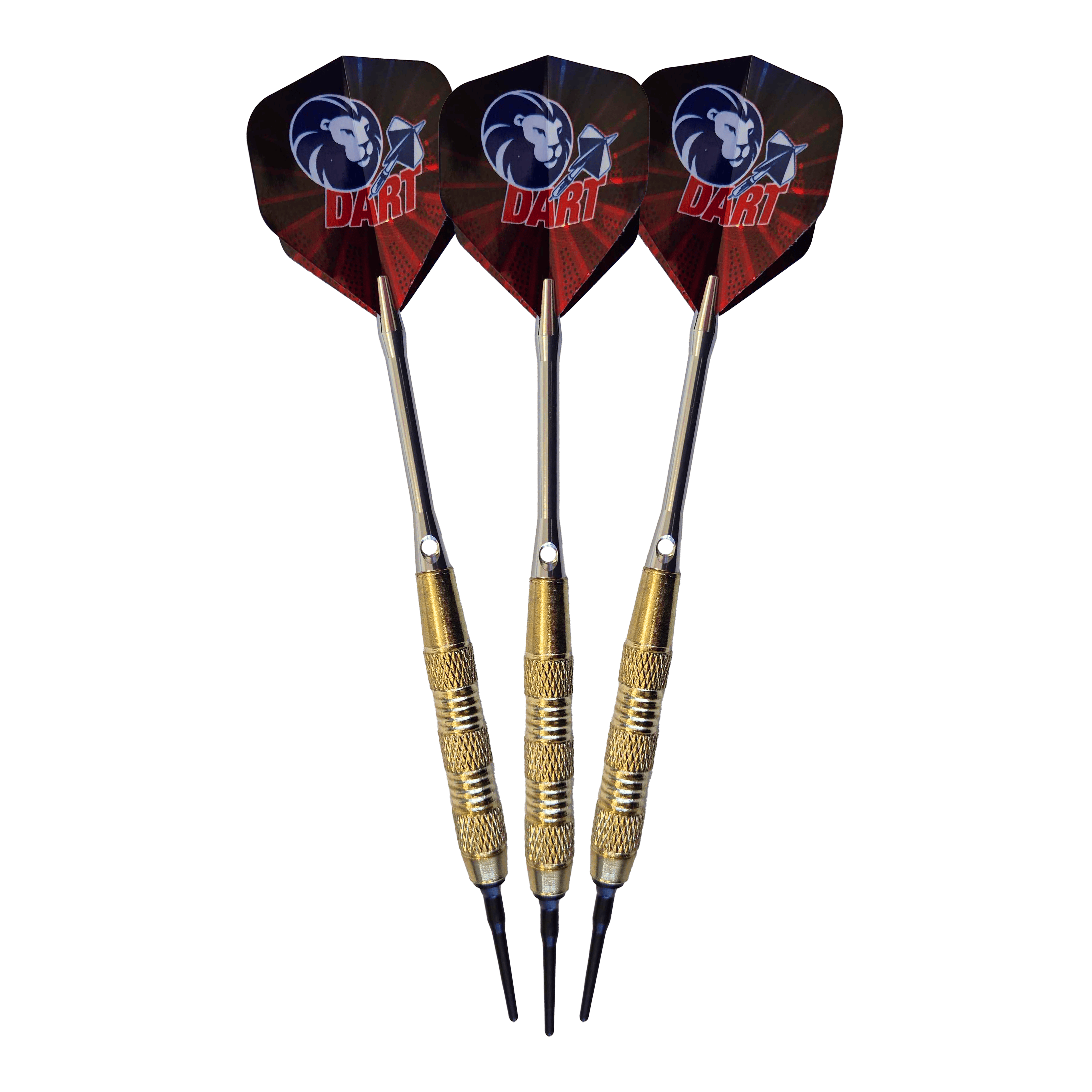 99 freccette Löwen con punta morbida - 18 g Das Bild zeigt drei 99 Löwen Soft-Tip Darts mit einem Gewicht von 18g. Die Flights sind schwarz-rot und mit einem Löwenkopf-Motiv sowie dem Schriftzug "DART" bedruckt.